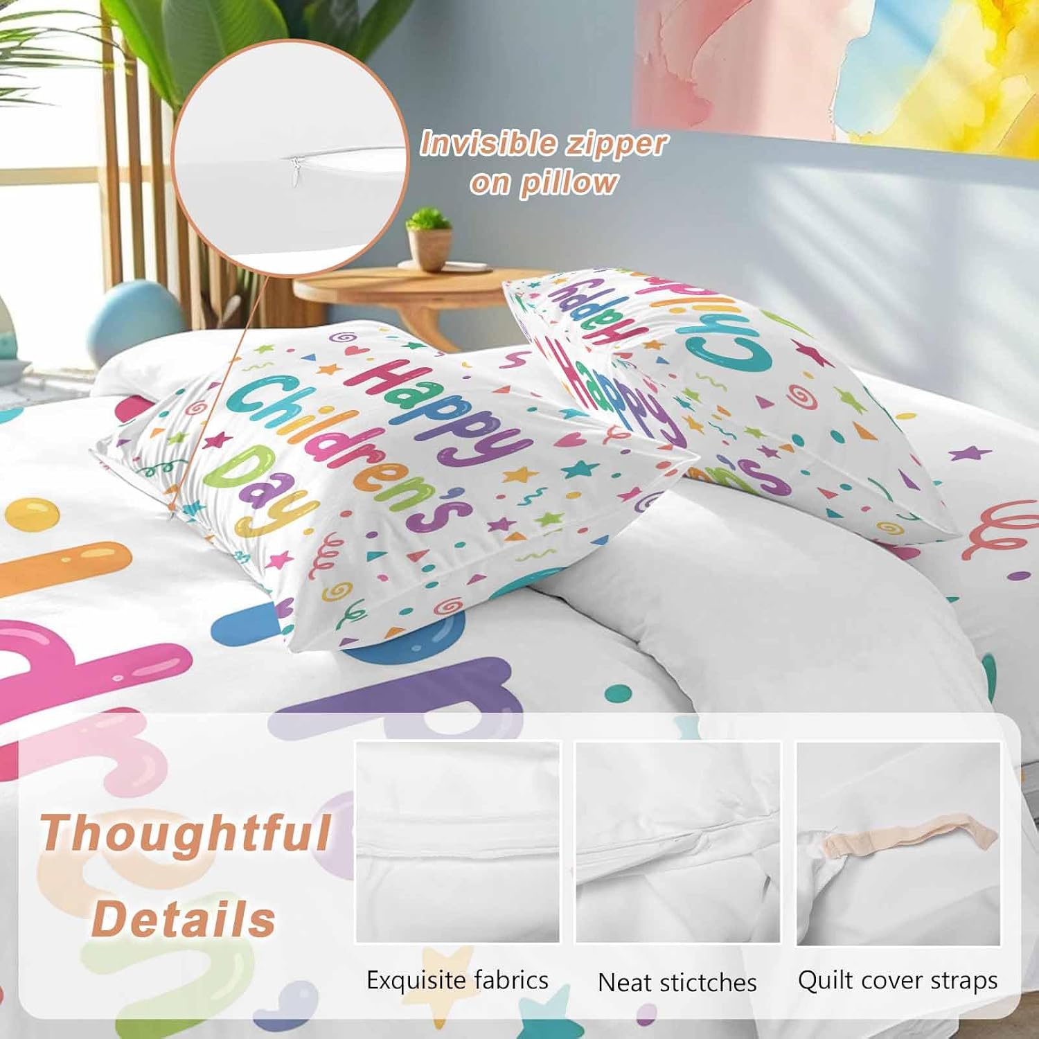 Duvet Cover Cal. King Size - 4 Pieces Bedding Set, Happy Children's Day Bedding Comforter Covers Zipper Closure, 1 Duvet Covers 1 Fitted Sheet 2 Pillow Shams Modern Ribbons Stars Love Hearts