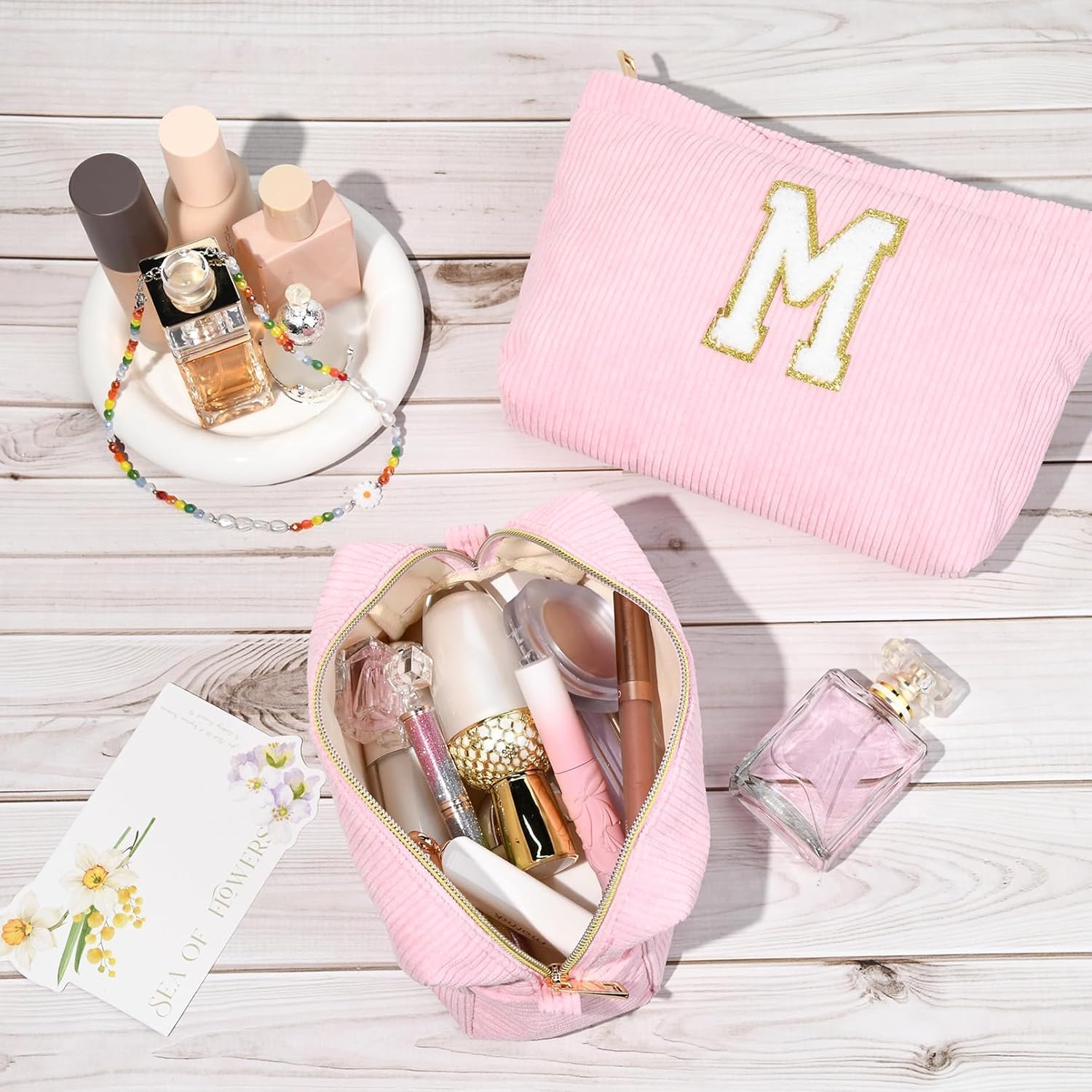 2 Pezzi Borsa per Cosmetici Donna, Iniziale Pochette Trucchi Viaggio, Trousse Trucchi Organizer, Grande Rosa Beauty Case, Regalo Amica Compleanno Regalo Migliore Amica Donna Natale Laurea(M)