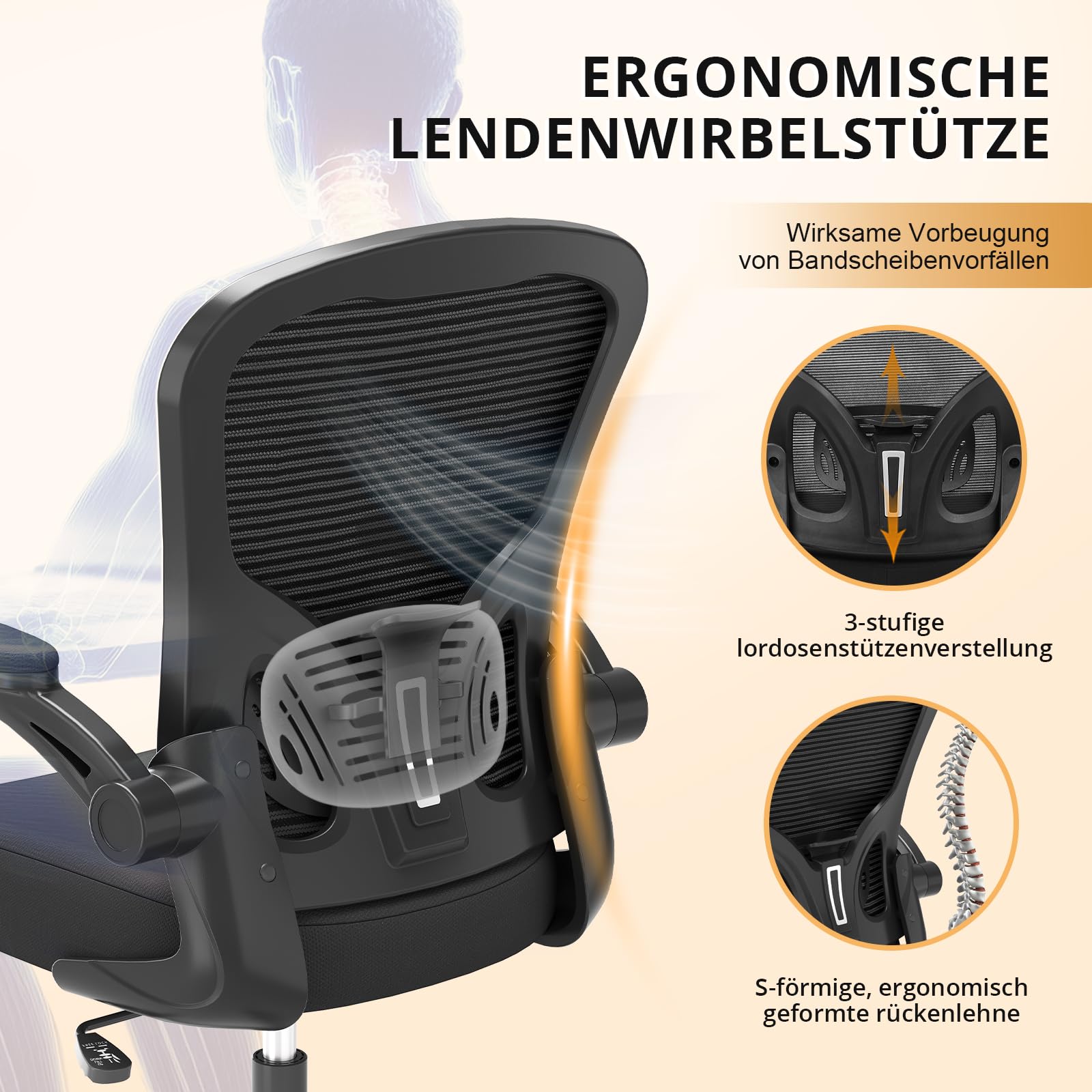 Synorla Bürostuhl Ergonomisch, Schreibtischstuhl mit Tragkraft 150 KG und 90° Hochklappbare Armlehnen, Ergonomischer Bürostuhl mit Höhenverstellbarer Sitzfläche und Verstellbarer Lordosenstütze