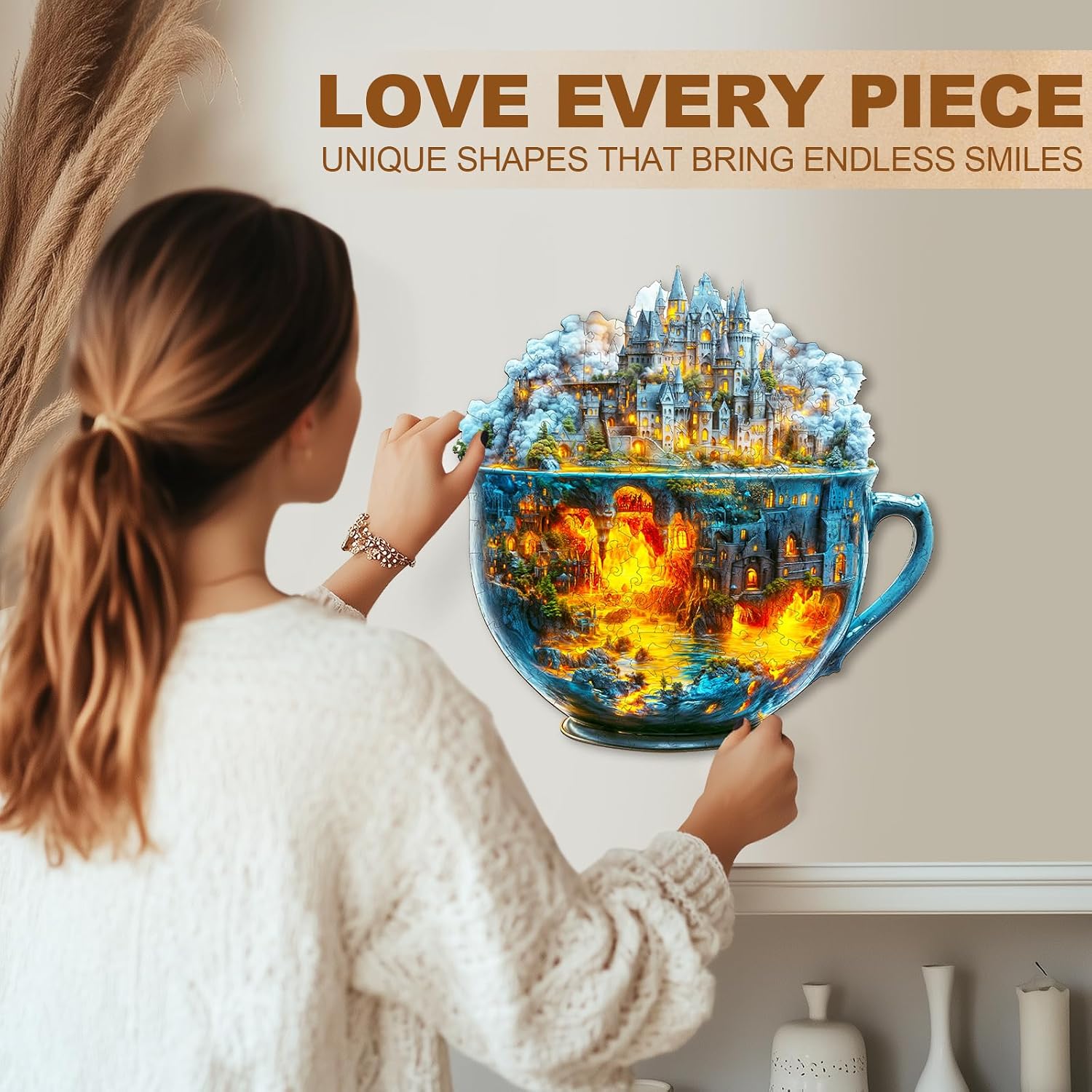 Wooden Puzzles for Adults 165 Pices, 3D Magic Cup Wooden Jigsaw Puzzle, Unique Shape Magic Cup Irregular Jigsaw Puzzles, Flat Puzzels with 3D Visual Effect, Finished Puzzle Size is 11.4 * 11.3in