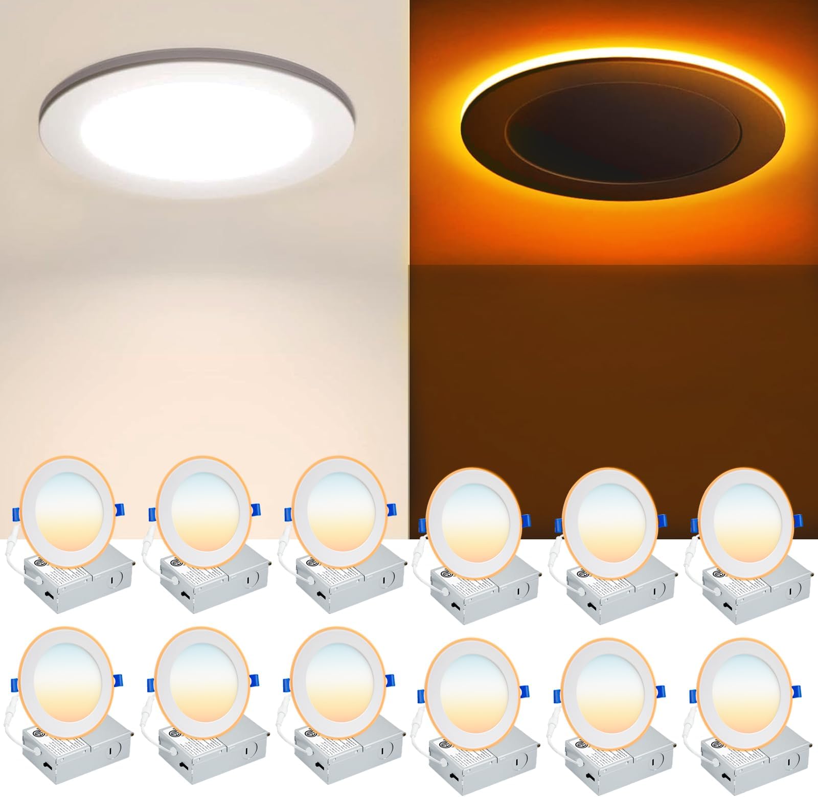 12 Pack 6 Inch 5CCT LED Recessed Ceiling Light with Night Light, 2700K/3000K/3500K/4000K/5000K Selectable Ultra-Thin Recessed Light, 12W=110W, 1050LM LED Recessed Light Dimmable, ETL Listed