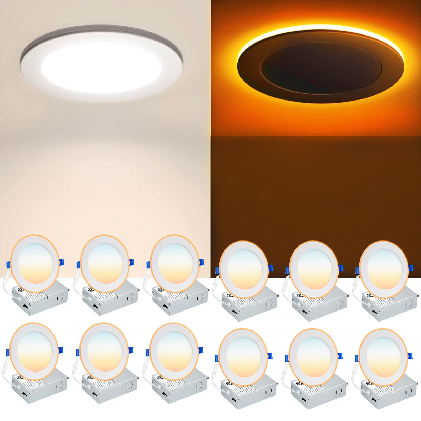 12 Pack 6 Inch 5CCT LED Recessed Ceiling Light with Night Light, 2700K/3000K/3500K/4000K/5000K Selectable Ultra-Thin Recessed Light, 12W=110W, 1050LM LED Recessed Light Dimmable, ETL Listed