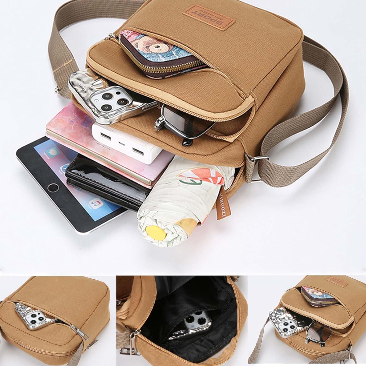 Mens Crossbody Bag with 4 Zipper Pockets, Canvas Messenger Bag for Men, Small Crossbody Purse for Men - Image 3