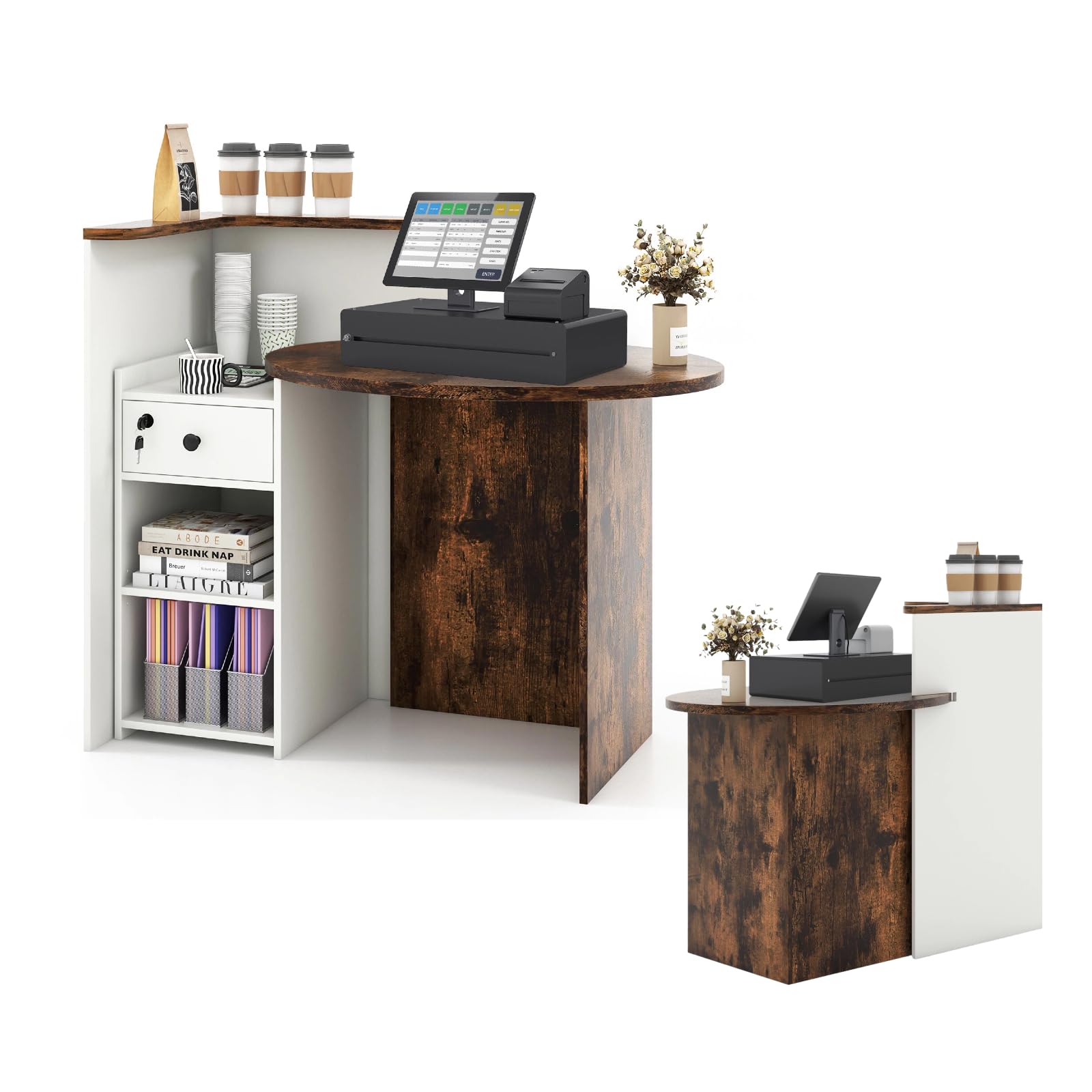 KOMFOTTEU Comptoir Réception, Tiroir Verrouillable & 2 Étagèrs Ouvertes, Comptoir Caisse, Bureau Réception, pour Boutique, Coiffure, Hôtel, Salon de Beauté, Industriel + Blanc, 120 x 70 x 100 cm