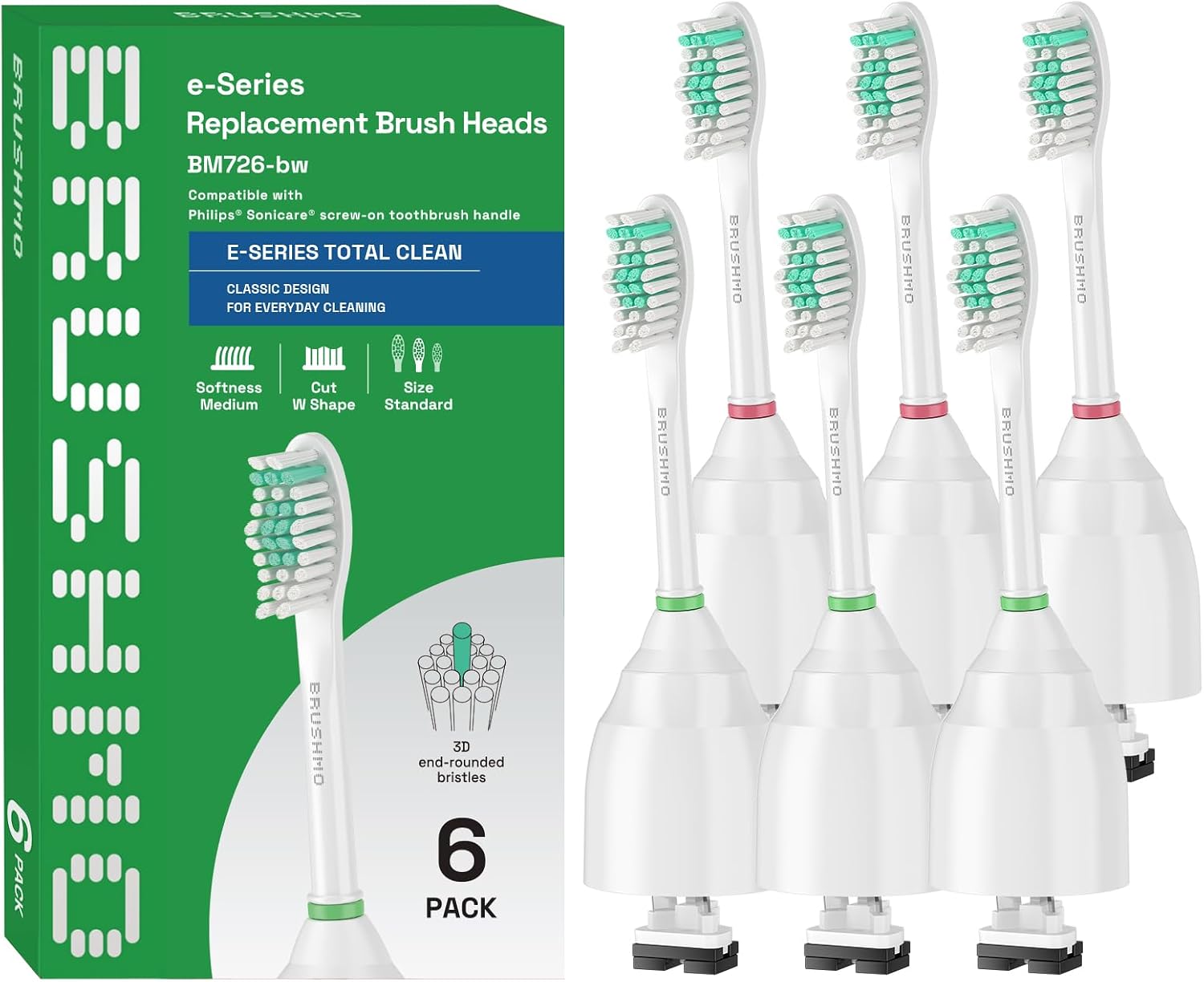 Brushmo e-Series Total Clean Replacement Toothbrush Heads, Compatible with Philips Sonicare Screw-on Electric Toothbrush Handles, 6 Standard Heads, Medium Firm Dupont Bristles, BM726-bw, White