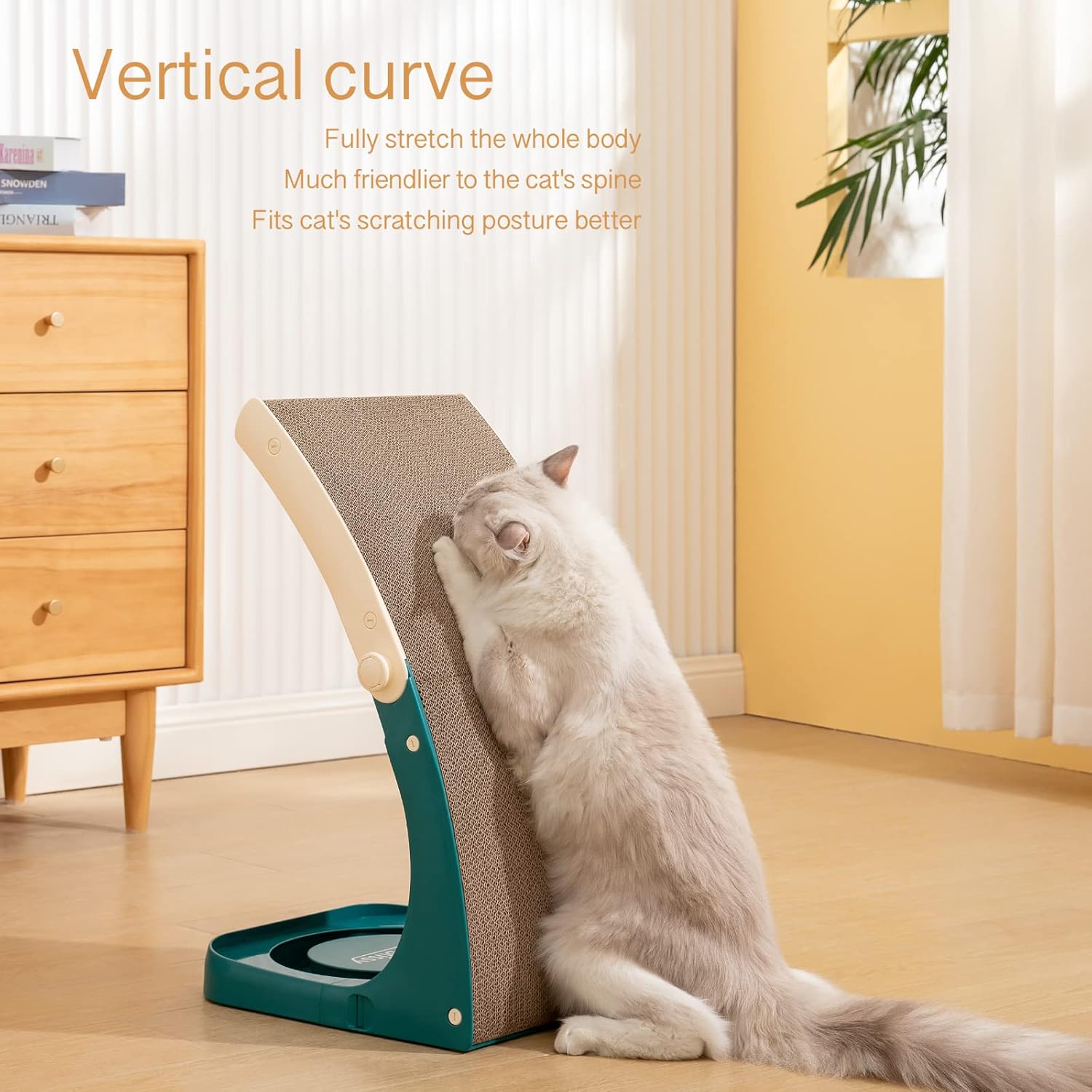review Cat Scratcher, Premium Cat Scratch Pad wtih Solid Frosted Frame and Turntable Toy, Vertical Curved Cat Scratching Post for Indoor Cats, Replaceable Cat Scratching Cardboard