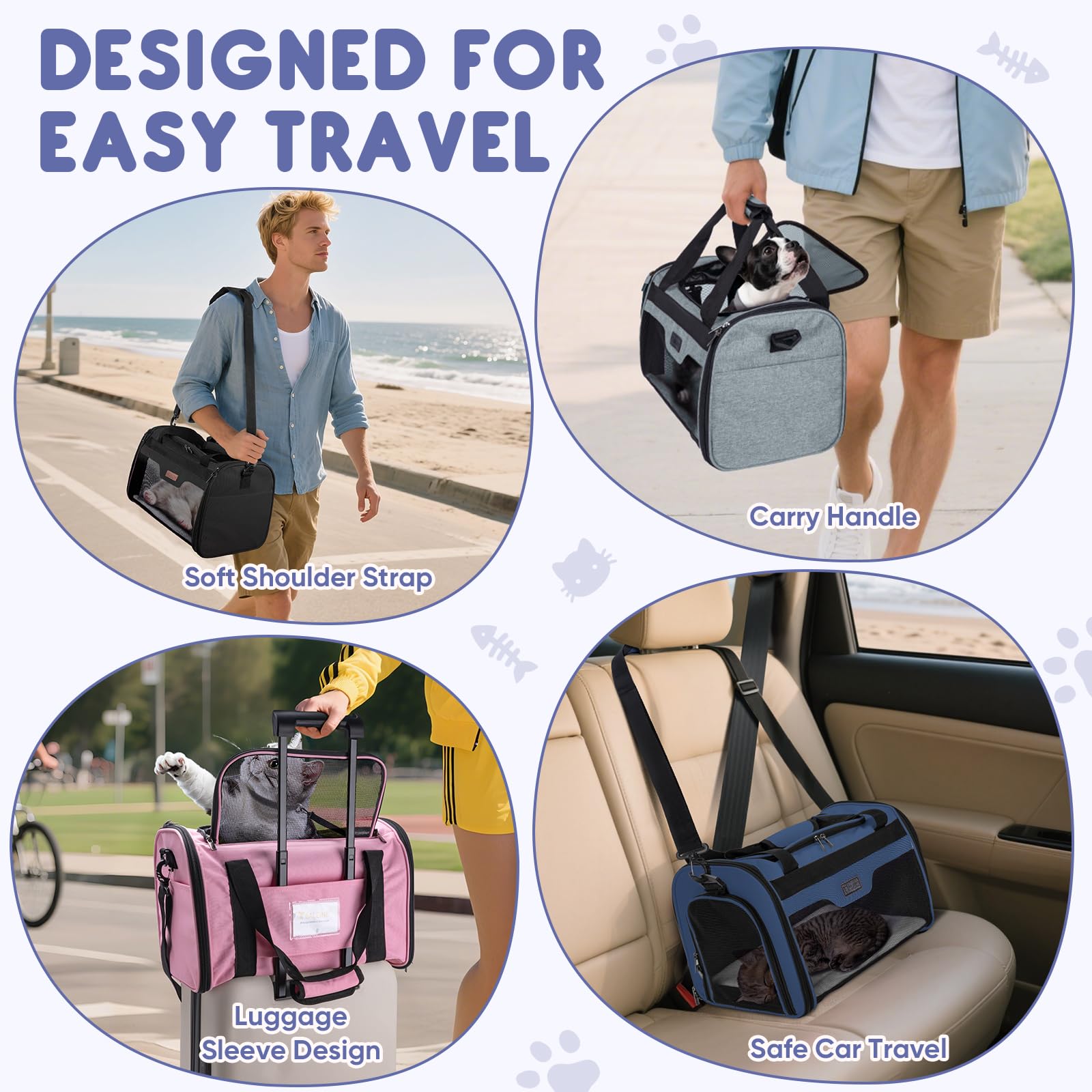 BALEINE Transportador para gatos y cachorros para mascotas pequeñas y medianas de hasta 15 libras, bolsa de viaje para perros de lados suaves con cremalleras de seguridad, funda de transporte plegable