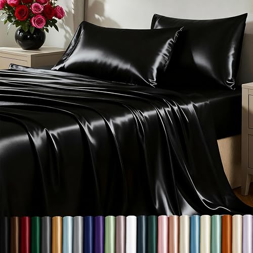 CozyLux Satin Sheets Full Size Sheets - Silky Soft Bedding Similar to Silk, 4 Piece Sheet Set for Hair and Skin, Deep Pocket with All-Around Elastic, Home Decor for Bedroom, Black