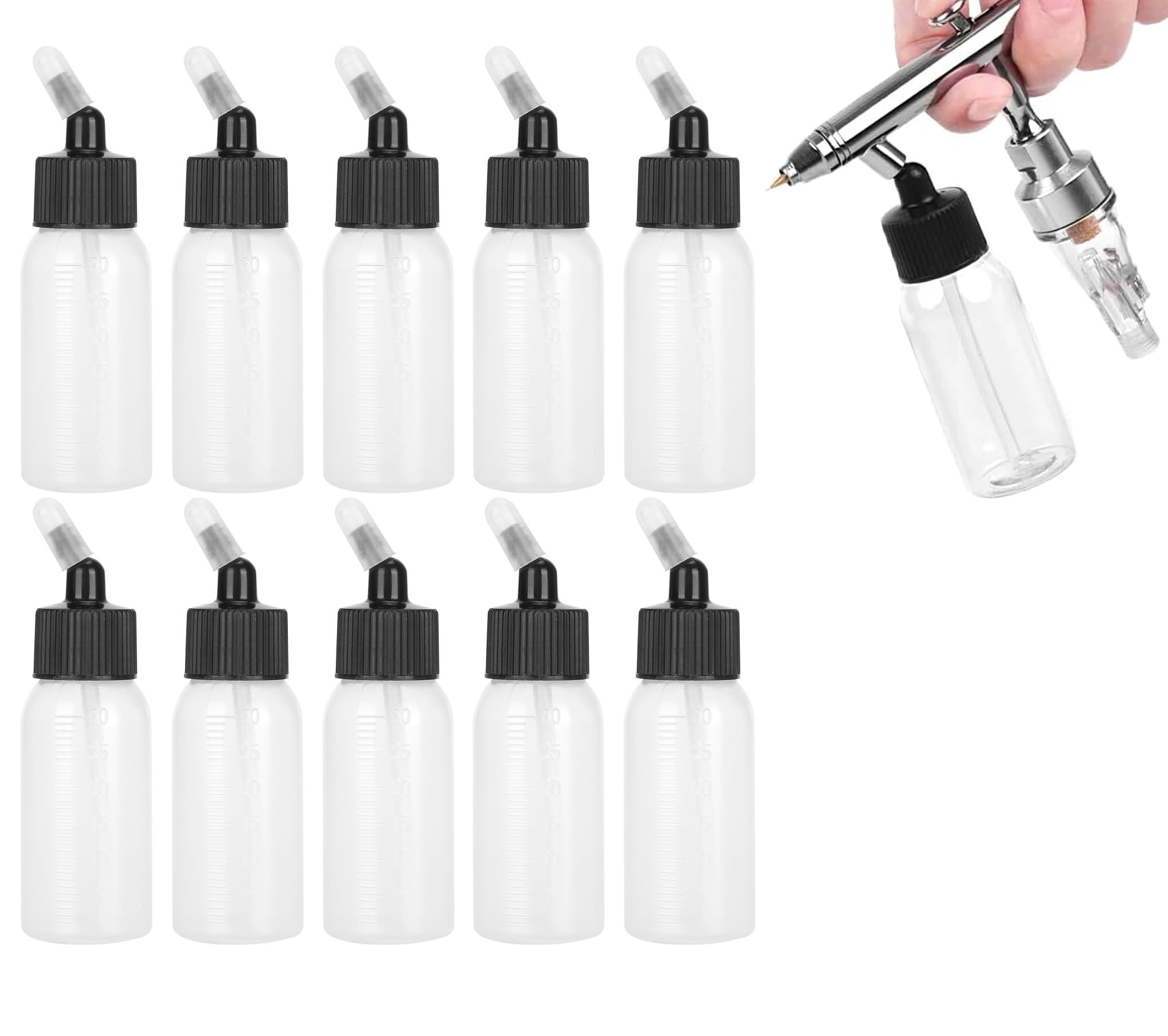 30 Ml Botellas de Aerógrafo,Botellas de Pintura con Aerógrafo | para Spray de Sifón de Doble Acción Botellas de Almacenamiento de Pintura Frascos de Repuesto con Tapas 10 Botellas Plástico