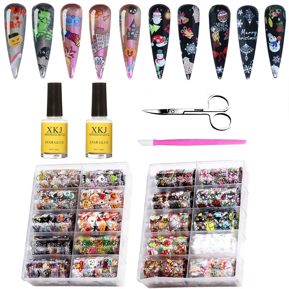 Kalolary 20 Rolls Halloween Christmas Starry Sky Stars Nail Art Foil with Nail Glue, Holographic Nail Art Transfer Stickers Acrylic Decals DIY Decoration, for Nail Art Salon or Home Use : Beauty & Personal Care