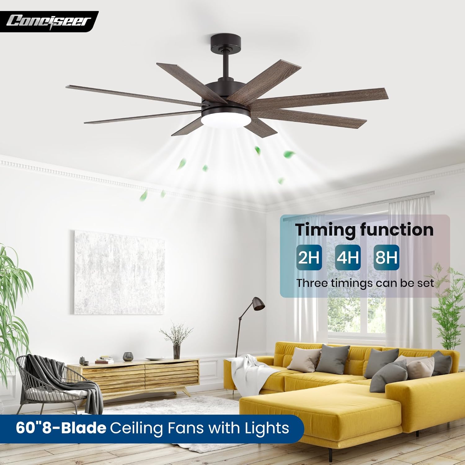 60 Inch Ceiling Fans with Lights and Remote, Dual Color 6 Blades, Bedroom Living Room Office Library Cafe Outdoor Industrial, 3CCT Dimmable, 6 Speed Reversible Quiet DC Motor, Brown/Wood Grain