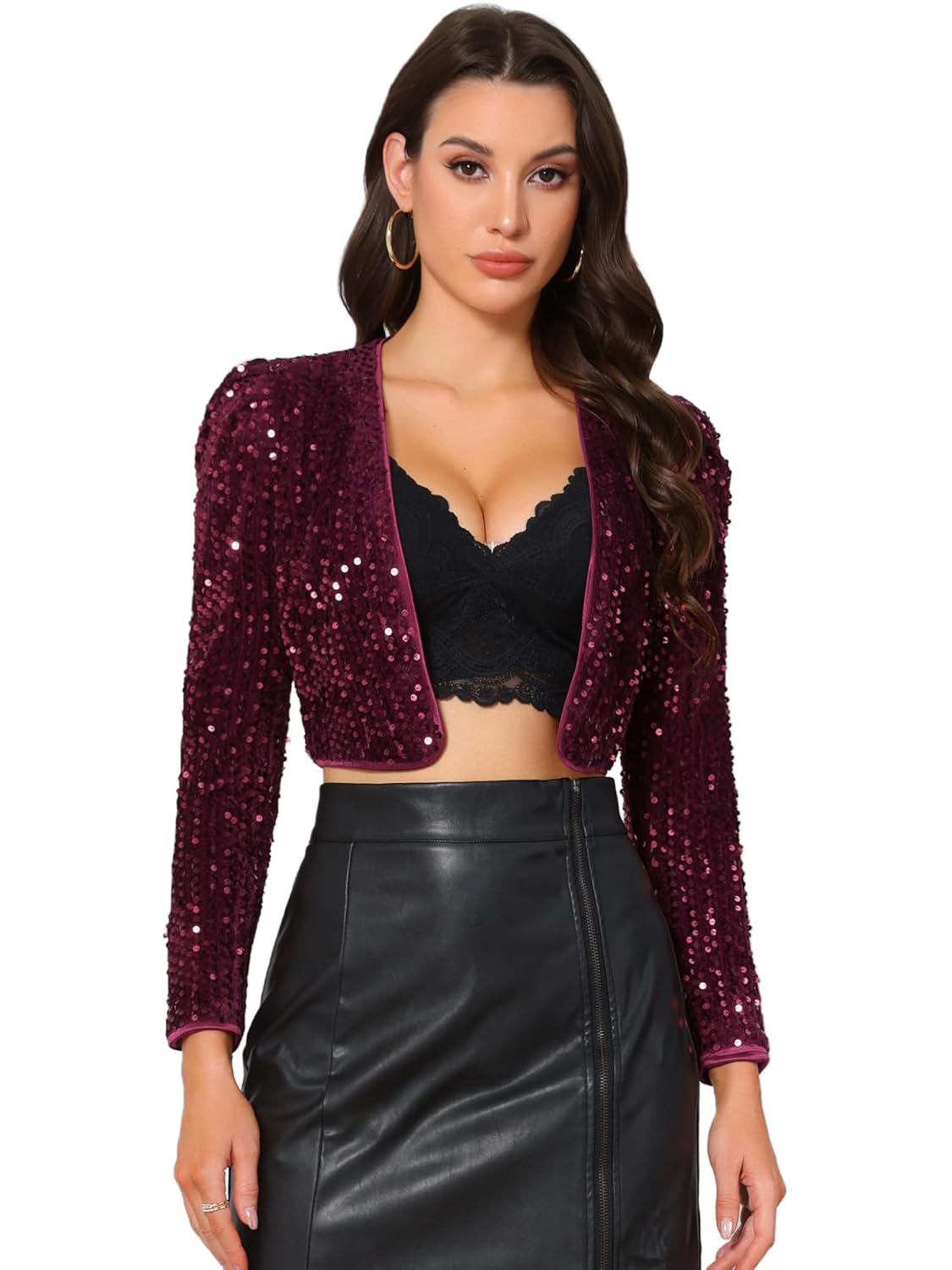 Allegra K Womens Christmas Sequin Shrug Open Front Collarless Glitter Sparkly Crop Blazer Jacket