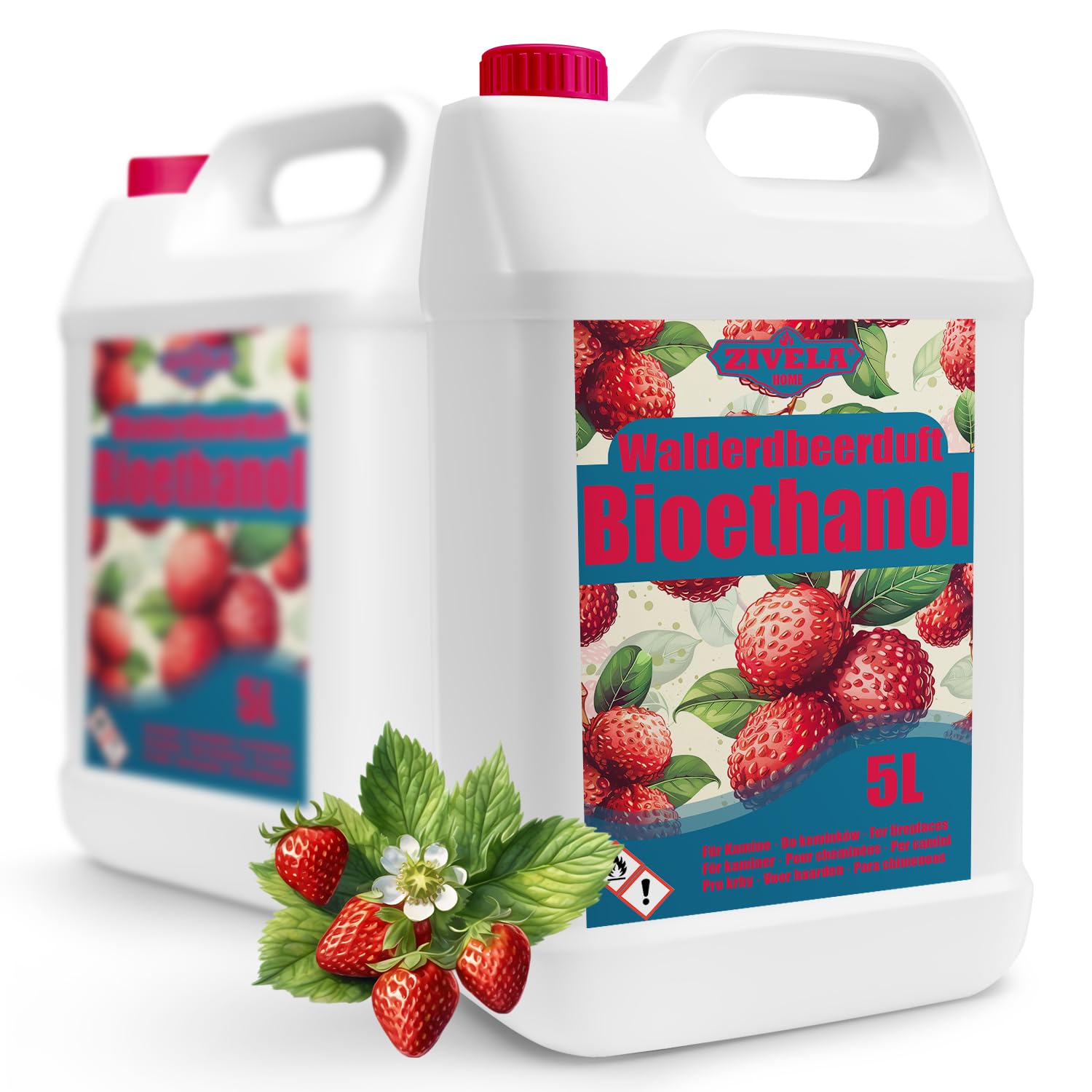 Bioetanol 96,6% 10 L | Alcohol orgánico aroma a fresa silvestre 96,6% 2 x 5 l | Bioetanol para chimenea, chimenea de mesa | Bioetanol aroma a fresa silvestre | Combustión limpia, sin humo, llama viva
