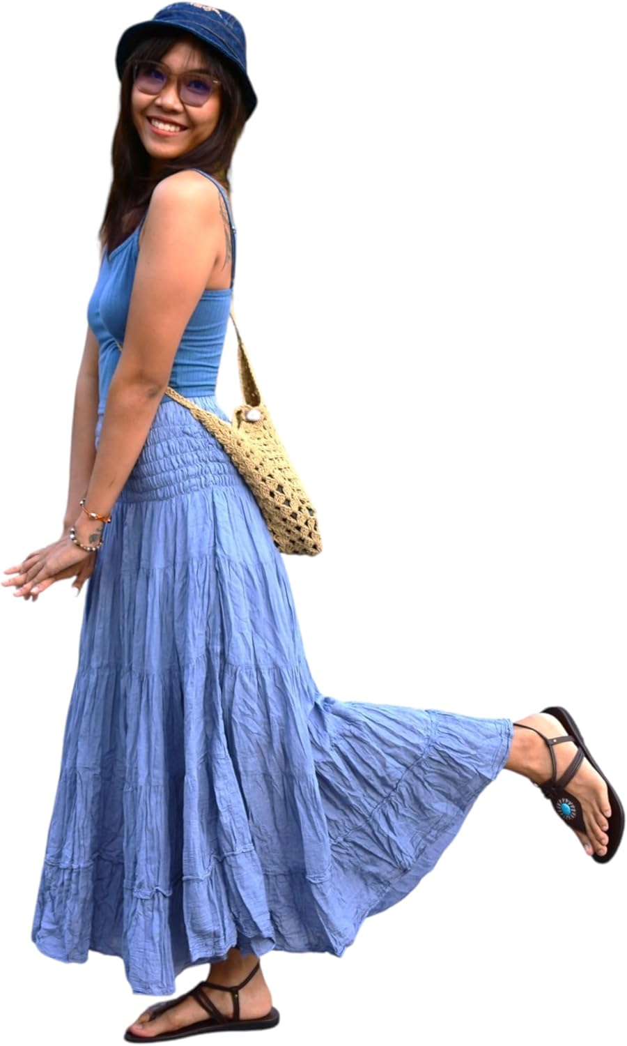 Sakoonee Boho Hippie Maxi Skirt Long Summer Cotton Dress for Women with Smocked Elastic Waist