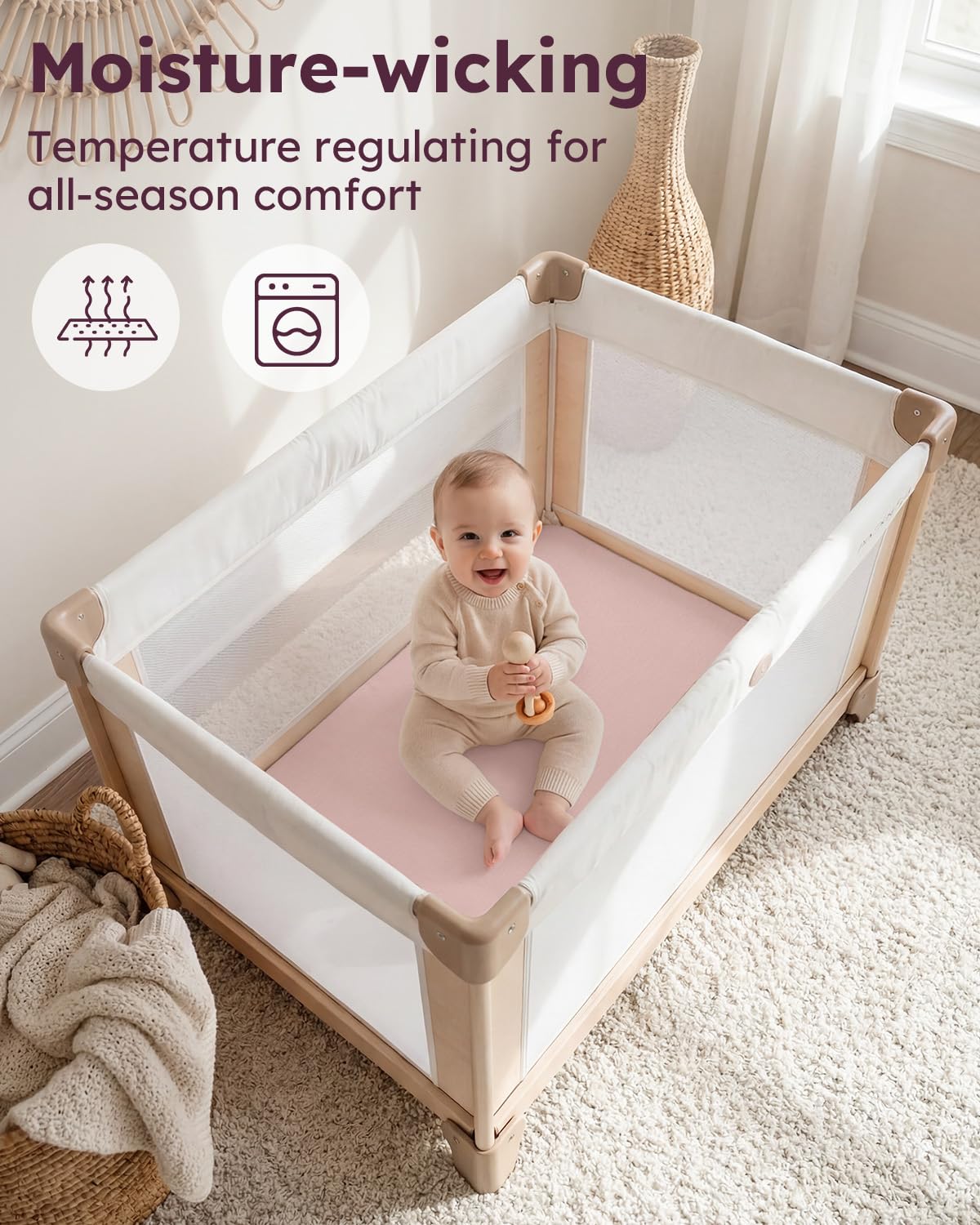 Yoofoss Pack and Play Sheets Fitted Viscose Derived from Bamboo, 2 Pack Mini Crib Sheet for Pack N Play Mattress, Soft and Breathable Playard Sheets for Girls Boys, 38x26in