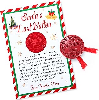 Santa's Lost Button Set, Extra Large 1.38 Inch Diameter Alloy Santa Claus Missing Button with 3.9 x 5.91 Inch Express Letter and Red Thread Evidence Kit for Christmas Morning(Red)