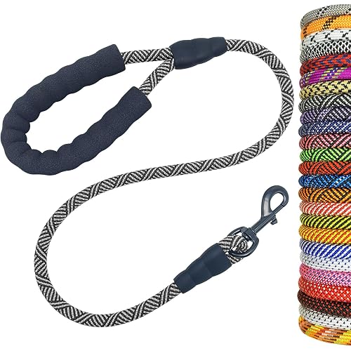 MayPaw Heavy Duty Rope Dog Leash, 3/4/6/7/8/10/12/15/20/30FT Nylon Pet Leash, Soft Padded Handle Thick Lead Leashes for Large Medium Dogs (Black, 1/2" * 3')