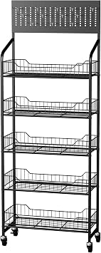 5 Tier Retail Display Rack, Snack Organizer Stand with Wheels & Hooks, Candy Potato Chip Metal Wire Display Shelf Cart for Supermarket and Home Kitchen, Black 65.3 * 23.8 * 10.4