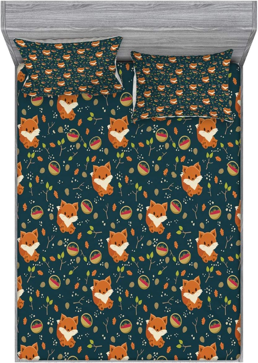 Ambesonne Pine Cone Fitted Sheet & Pillow Sham Set, Fox with Basket of Raspberry Leaf Herbs Forest Animal Cartoon, Decorative Printed 2 Piece Bedding Decor Set, Queen, Multicolor