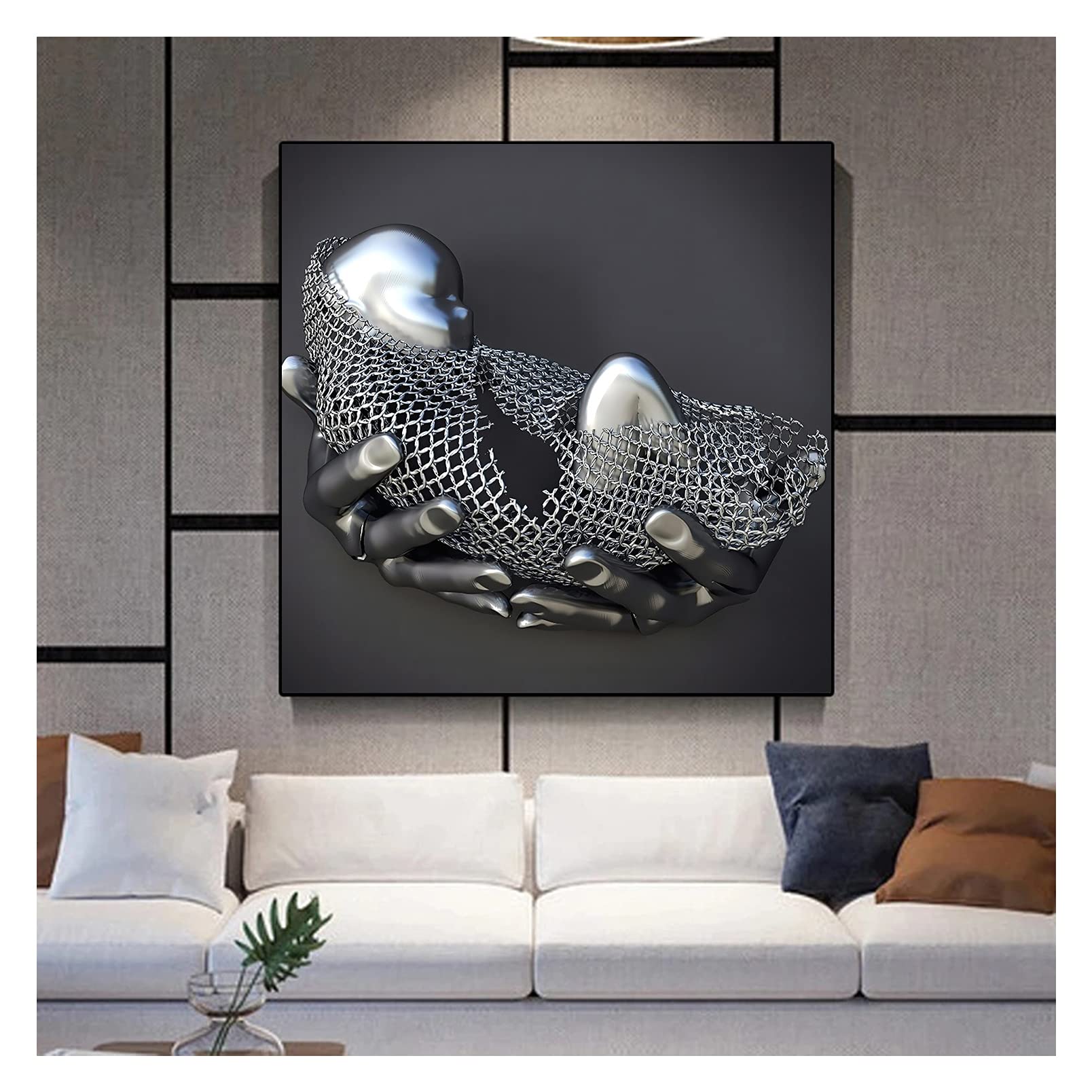 Love Heart 3D Wall Art, Love Heart Gray/Gold Art Wall Abstract Metal Figure Sculpture Canvas Painting Hanging Painting, ​Printing Core for Home Bedroom Decor, Valentine's Day Gift,O,80x80cm(31.4in)