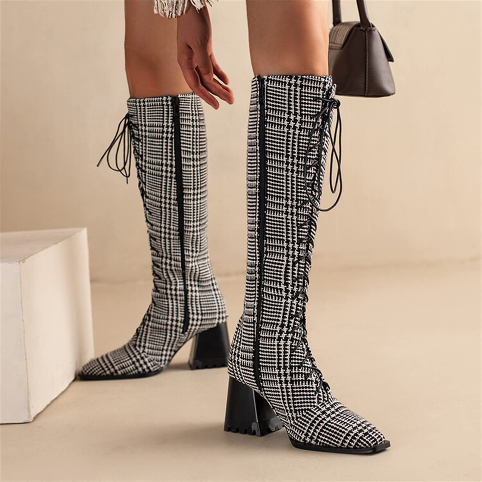 Botas de Vestir Rujer Botas largas de tacón Grueso con Cremallera Lateral con Cordones en la Parte Delantera Puntiaguda Estampado Leopardo para Mujer