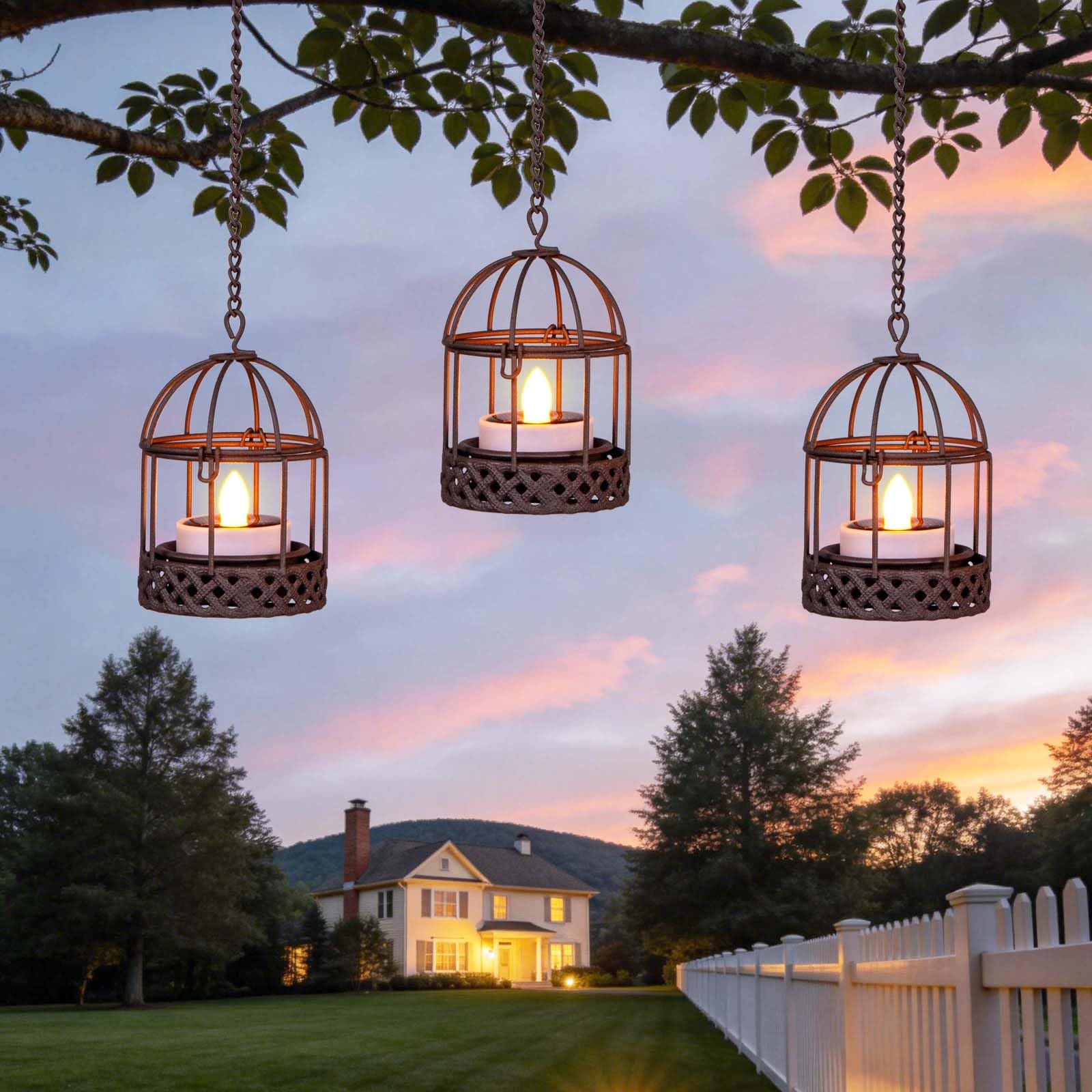 Solar-Hanging-Lanterns-Outdoor-Waterproof, Rust Birdcage Style Candle Holders with Flickering Solar Tea Lights for Backyard Patio Garden Fence Tree Decoration (3)
