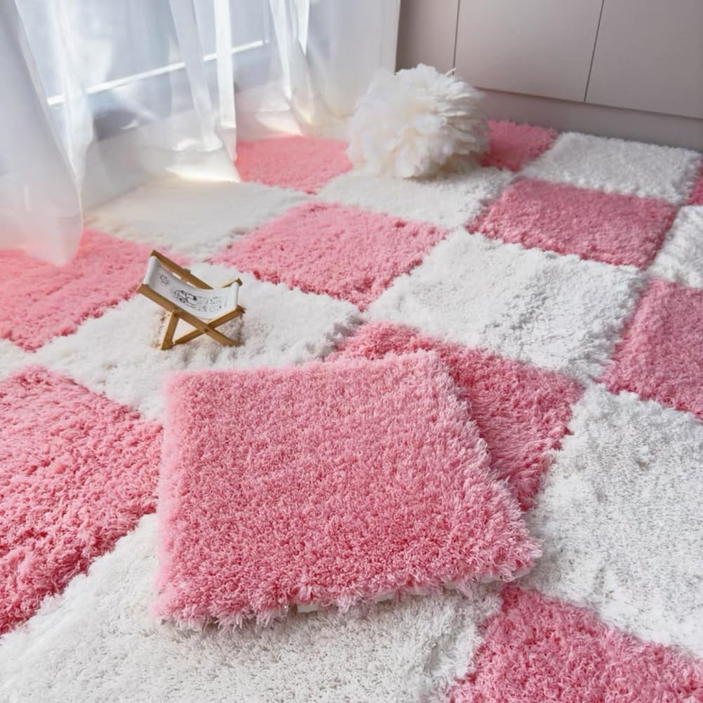 10 Pack Carpet Squares Puzzle Mat 30x30x1cm Plush Interlocking Carpet Tiles,Soft Fluffy Floor Protective Mat Shaggy Area Rug for Bedroom (Pink White)