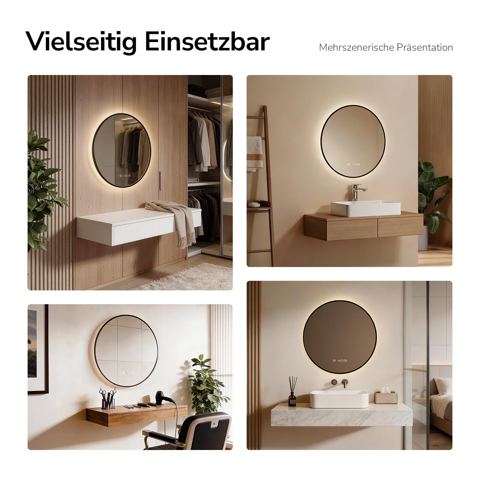 EMKE Badspiegel mit Beleuchtung Rund 70 cm, Anti-Beschlag, 3 Lichtfarben & Dimmfunktion, Uhr, Touch & Memory-Funktion, LED Badezimmerspiegel mit schwarzem Rahmen