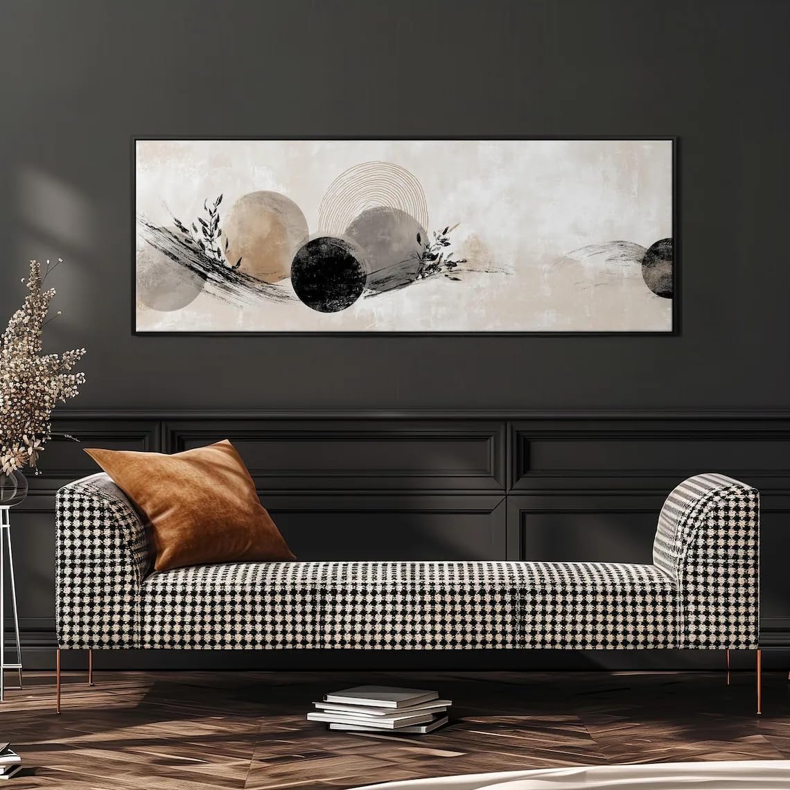Japandi Circles Dekoracyjny Obraz Wydłużona pozioma dekoracja ścienna Szeroki druk panoramiczny Sztuka Duży rozmiar Odcienie Ziemi Sztuka Biuro Zen Style (55x110 cm/Wewnętrzna rama)