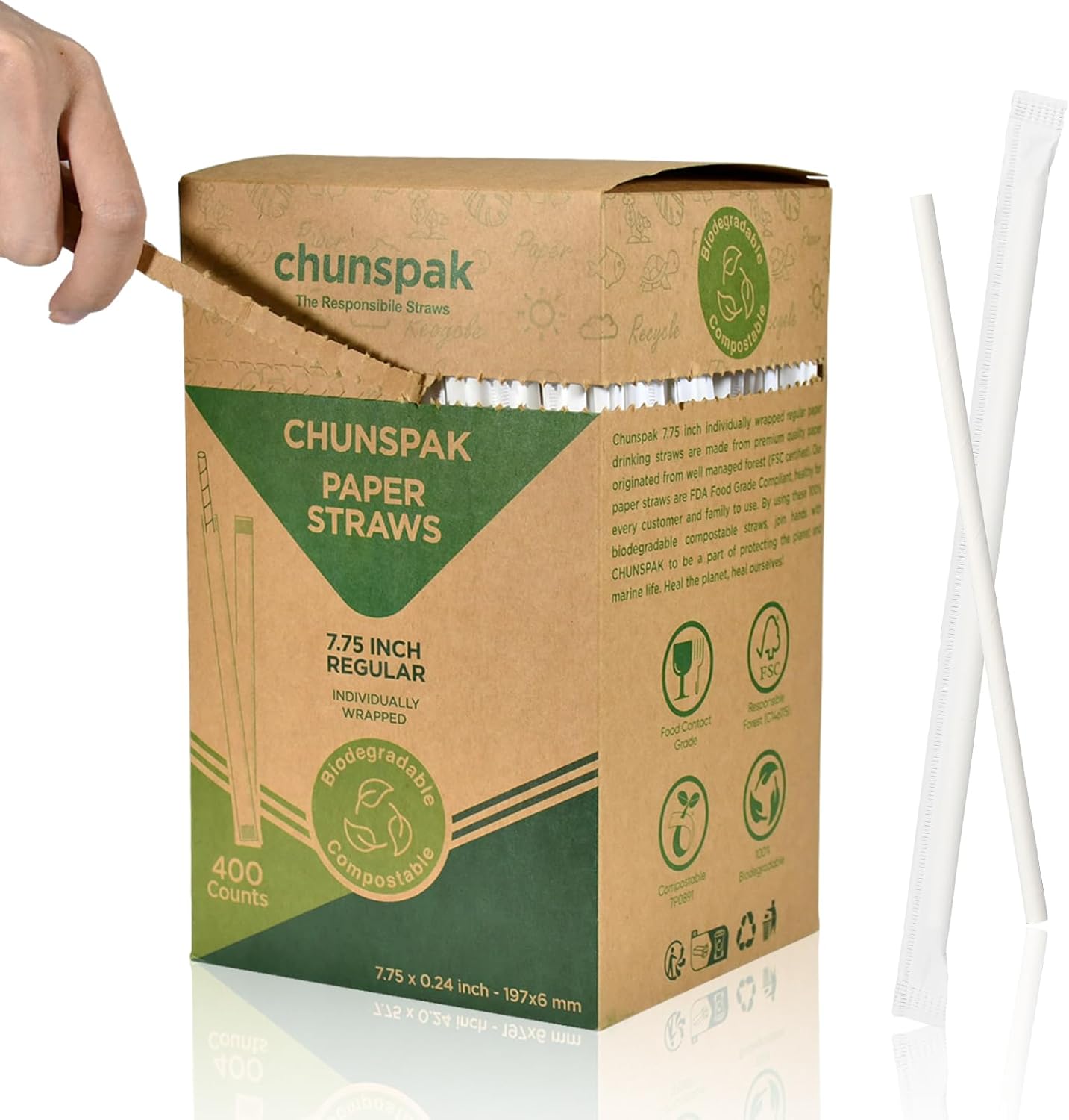 7.75 Inch Disposable Paper Drinking Straws Bulk Individually Wrapped, 0.24" Dia. (Plain White, 400 ct.) - Biodegradable and Compostable