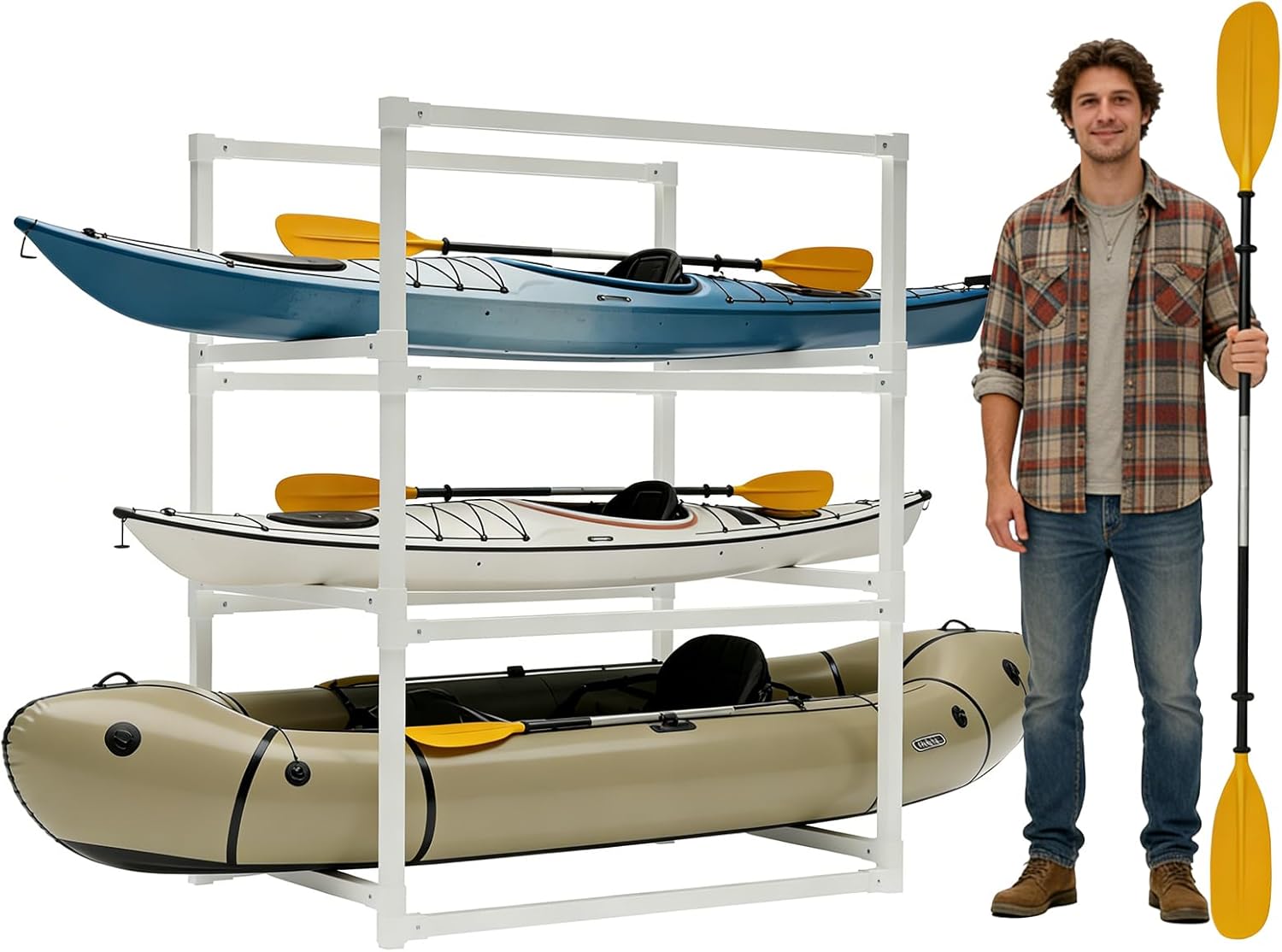 KAXIWEI DIY Freestanding Kayak Storage Rack PVC Stand Adjustable 3-Tier Design for Kayaks Canoes Paddle Boards Indoor Outdoor Use, Waterproof Corrosion Resistant Lightweight Garage Dock Mount