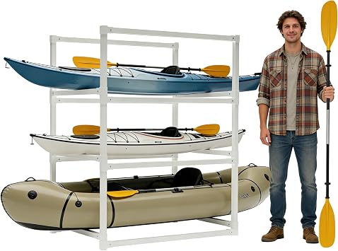 KAXIWEI DIY Freestanding Kayak Storage Rack PVC Stand Adjustable 3-Tier Design for Kayaks Canoes Paddle Boards Indoor Outdoor Use, Waterproof Corrosion Resistant Lightweight Garage Dock Mount