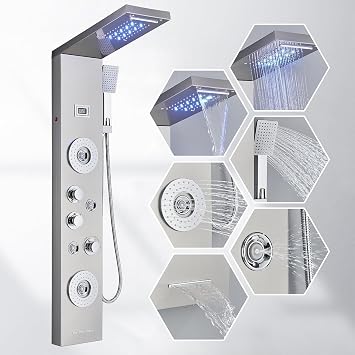 AlenArt Shower Panel LED Shower Tower System with Rainfall Waterfall Shower Head, 4 Body Massage Jets,Hand Shower Sprayer and Tub Spout Stainless Steel, Brushed Nickel