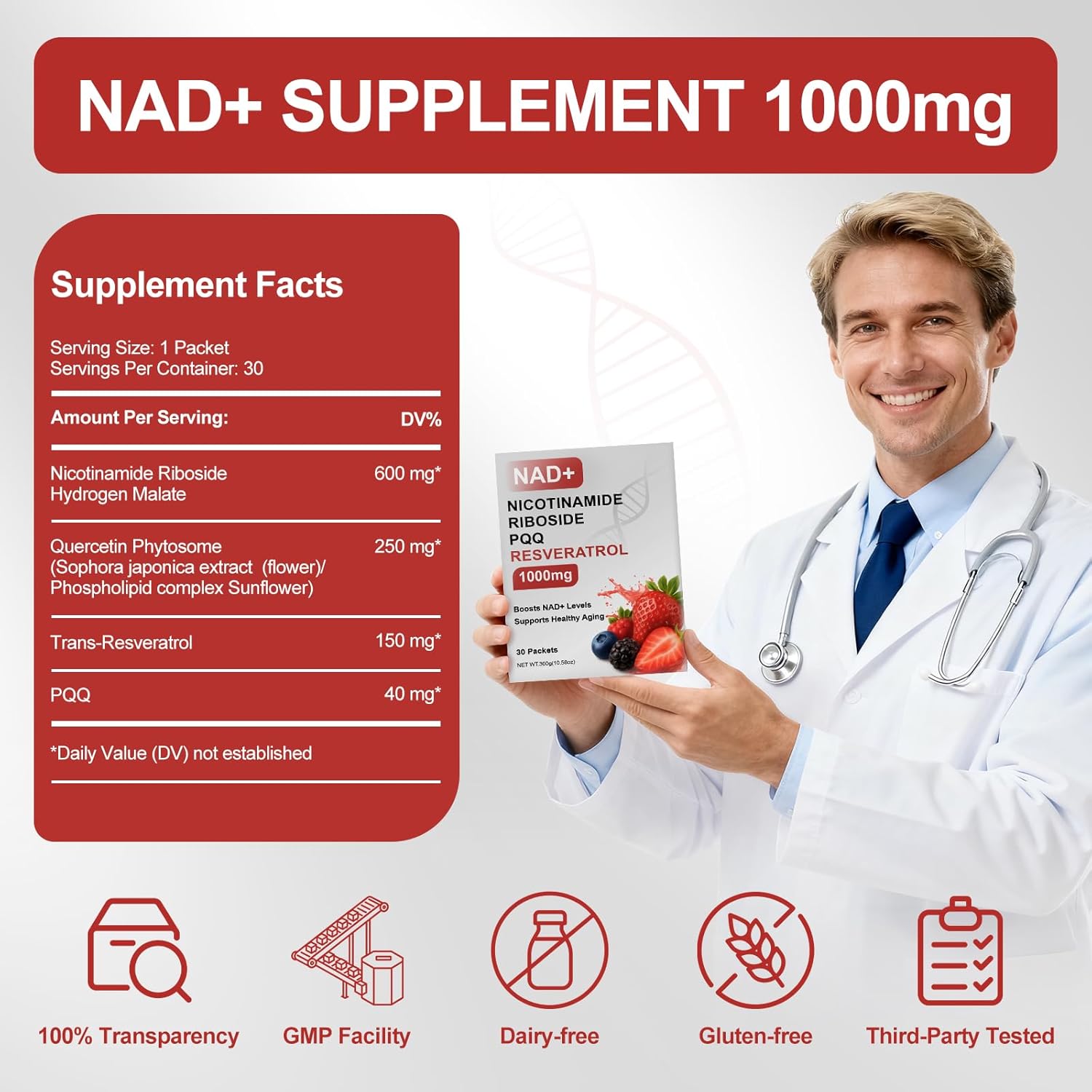 Howave NAD+ Liquid Supplement 1000mg, 30 Packets, with Nicotinamide Riboside, Resveratrol & PQQ - Healthy Aging NAD Booster for Cellular Energy, Cellular Health & Mental Clarity for Men & Women
