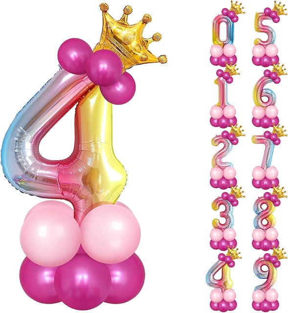 Unisun 32 inch Number Foil Balloons Set, Rainbow Gradient Helium Number 4 Balloon Tower with Crown and 16Pcs Latex Balloons for Princess Prince Birthday Party Anniversary Decorations