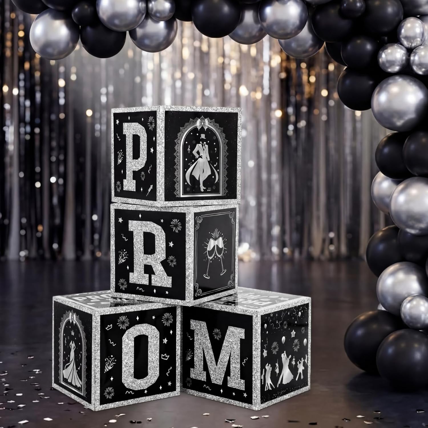Gersoniel 4 Pcs Prom Decorations Boxes, Prom Night Glitter Balloon Boxes, Grad Box with Letter for Elegant Photo Booth & Party Decor, Formal Events, Graduations Senior Night Decor (Silver)