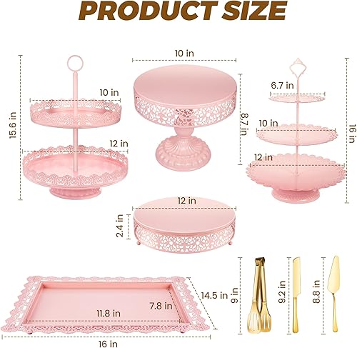 Miniatura 2 de Juego de exhibición de mesa de postre rosa, soporte de metal para cupcakes, plato de dulces de alimentos, bandeja de torre con pinzas, cuchillo para