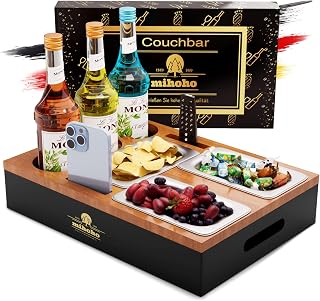 Couchbar, Sofa Organizer auf dem Beistelltische Couchtisch, Couchbar Holz als Bier Geschenke für Männer, Sofatablett Mit DREI Snackschalen und Mehrere Lagerplätze (Holzfarbe)
