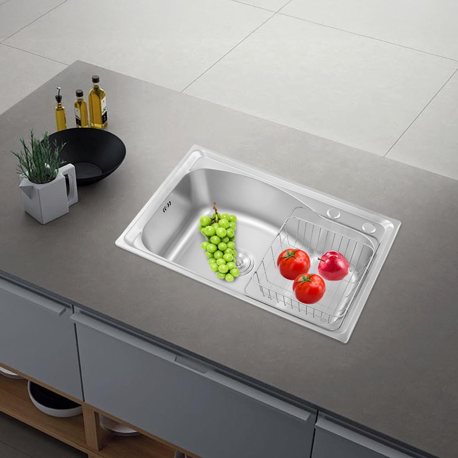 Fregadero cocina 65x44x20cm de acero inoxidable,empotrable,Fregadero Bajo Encimera o Sobre Encimera con escurridor y desagüe,Fregadero Acero 1 lavabo con protección contra rebosadero,color plateado