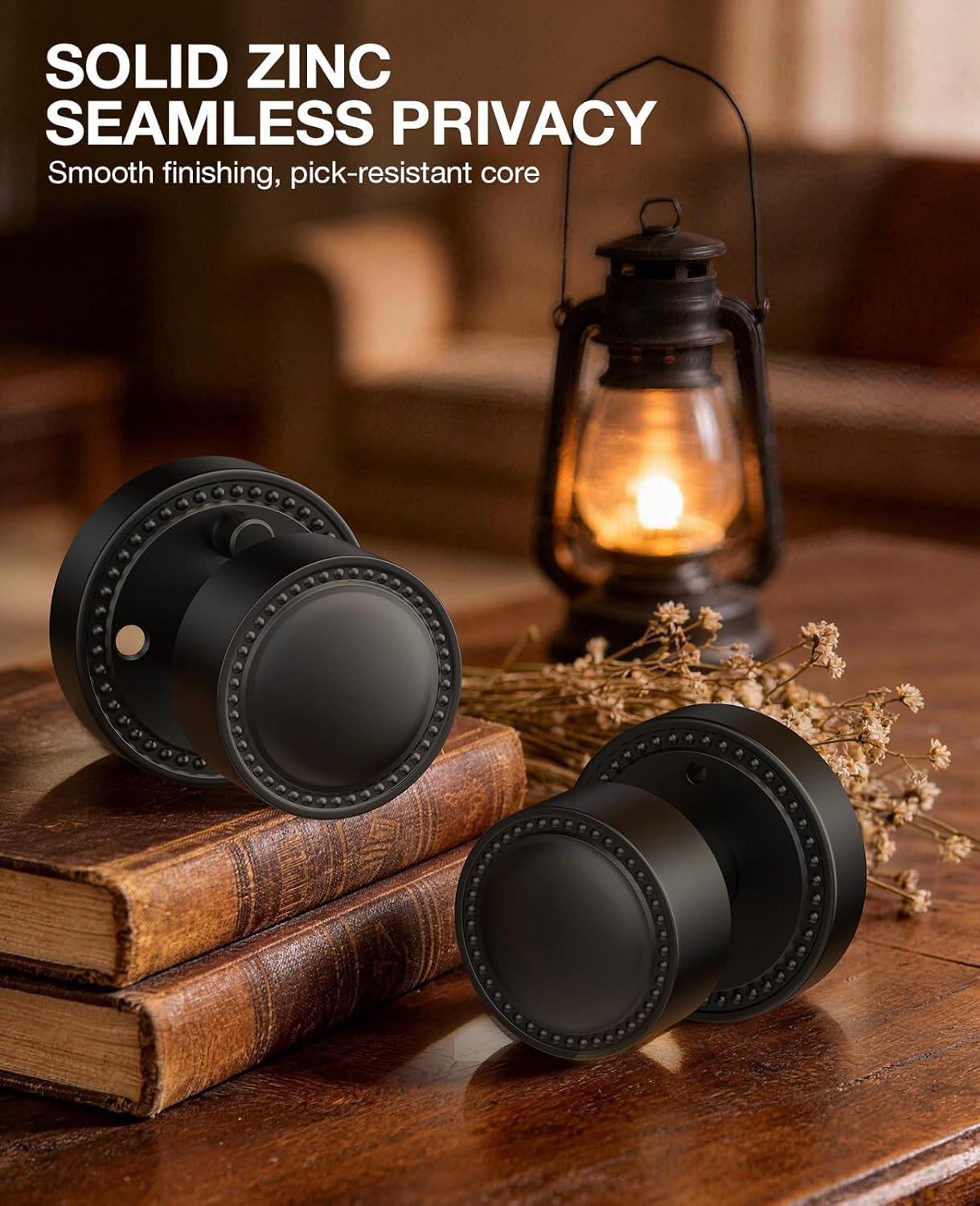 Matte Black Door Knobs, Zinc Alloy Heavy Duty Privacy Door Knobs, Round Vintage Interior Door Knobs with Lock for Bedroom, Bathroom, Study, Office, 1Pack