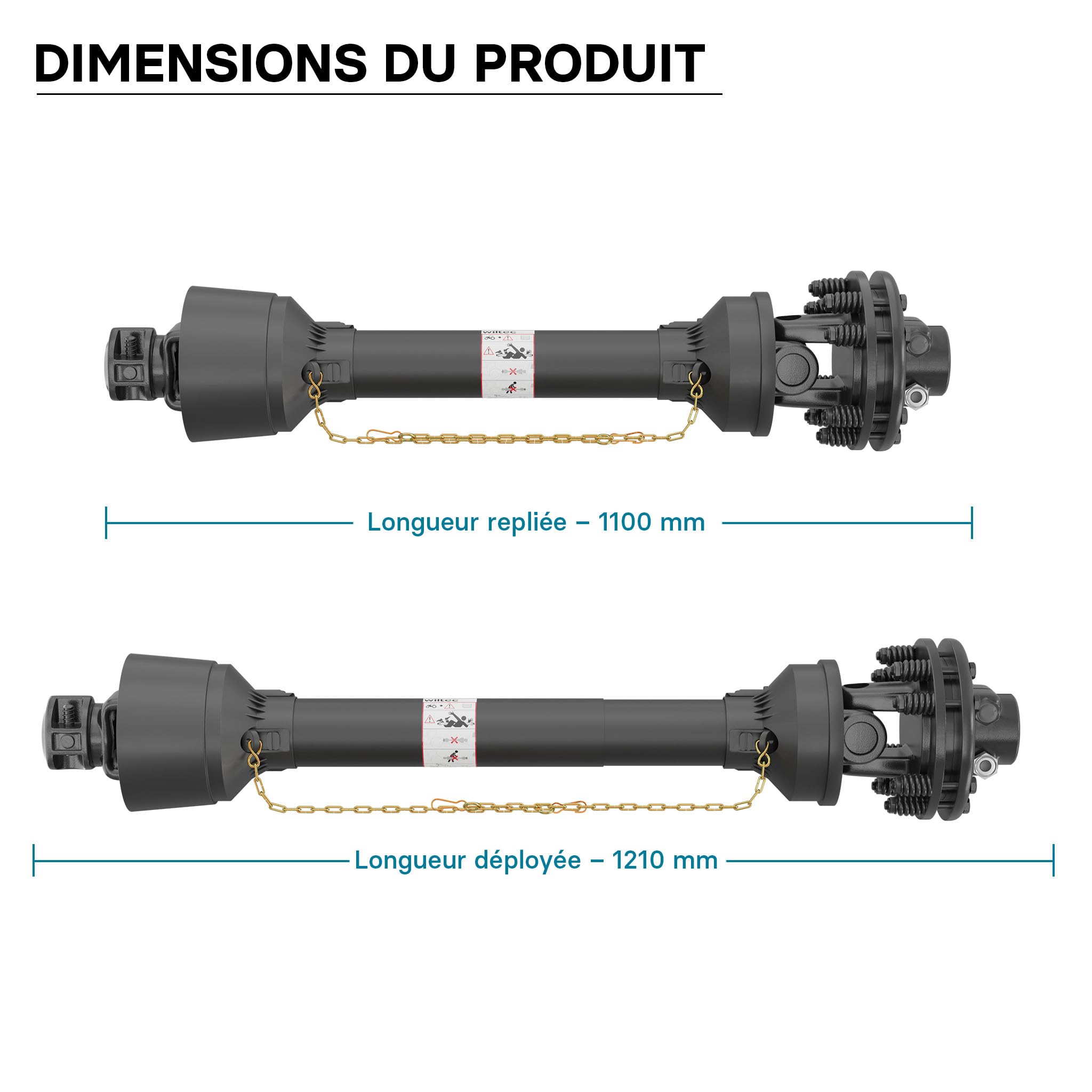 WilTec Arbre Transmission T4 cardan - Longueur 1100-1210 mm / 2X 1 3/8" 6 Dents & Embrayage / 460 Nm / 540 TR/Min / 40 KW (55 CV) - Prise de Force agricole