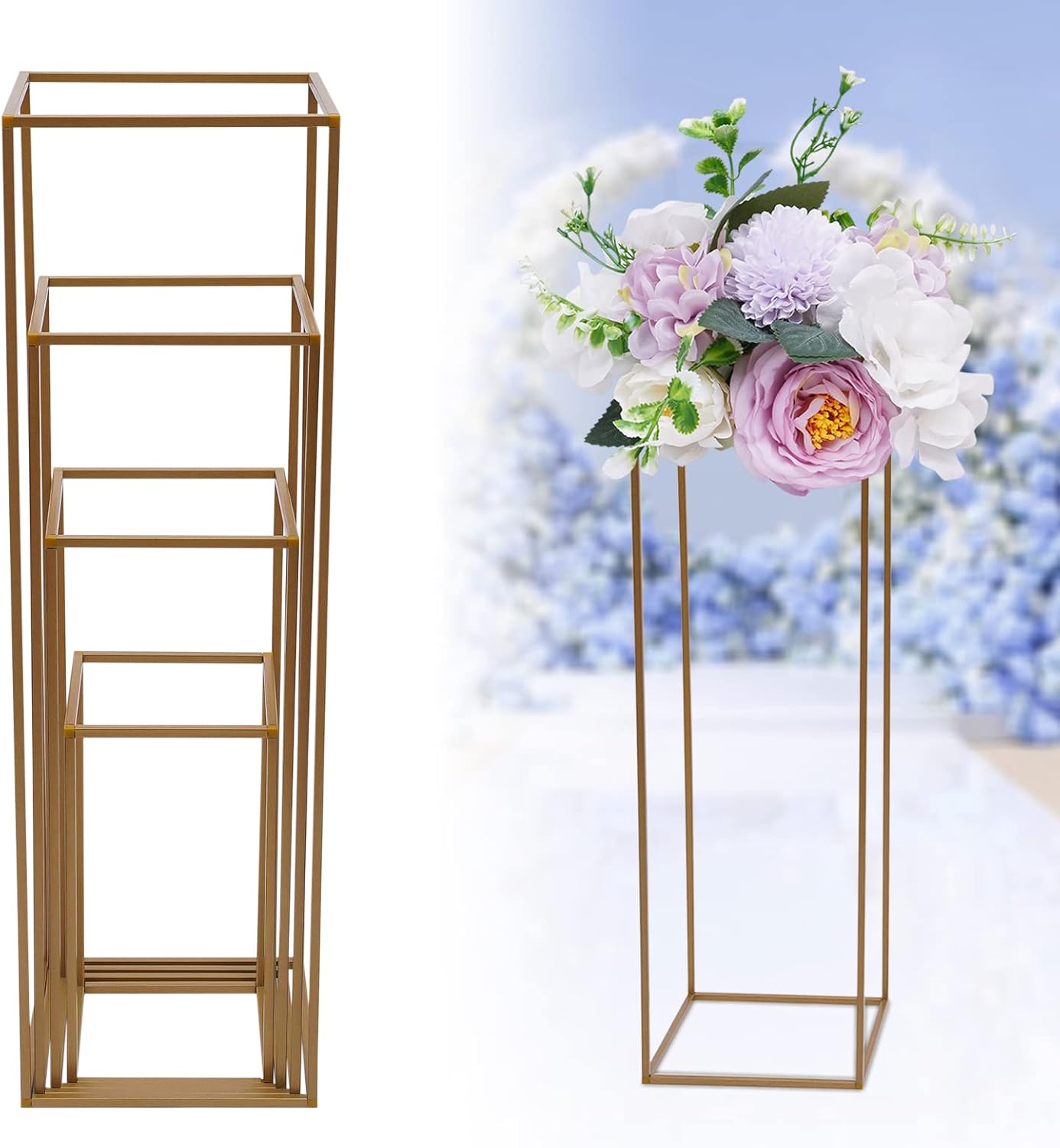 4PCs 15.7/23.6/31.5/39.4 inch Tall Gold Wedding Flower Stand, Geometric Centerpiece Vase for Wedding Decorations, Party, Events, Home Deco, Centerpieces for Table, Rectangular Flower Display Rack