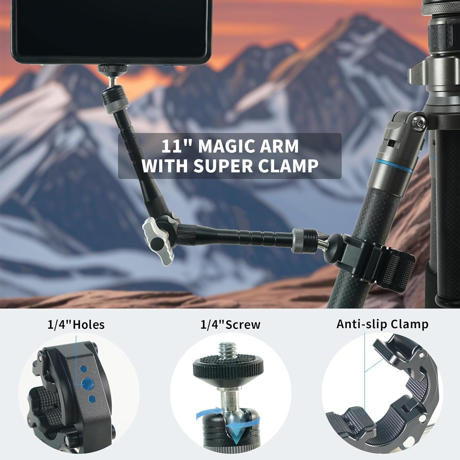 CNC Machined 11" Articulating Magic Arm Clamp Mount with Super Clamp, 360° Dual Ball Head & 1/4" ARRI Locating Pin&Holes, Heavy-Duty Camera Monitor Mount for Camera, Phone, LED Light, w/Clamp