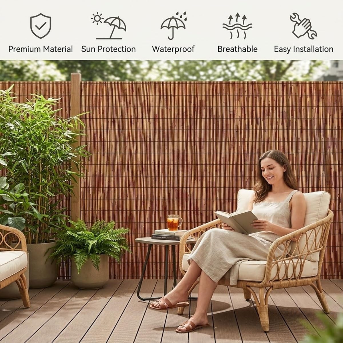 Rollo de Cañizo Natural para Ocultación de Balcón y Jardín, Pantalla de Cañizo Natural Decorativa, Protector Visual y Privacidad para Terraza, Valla Exterior Resistente(91x1067cm(3x35ft))