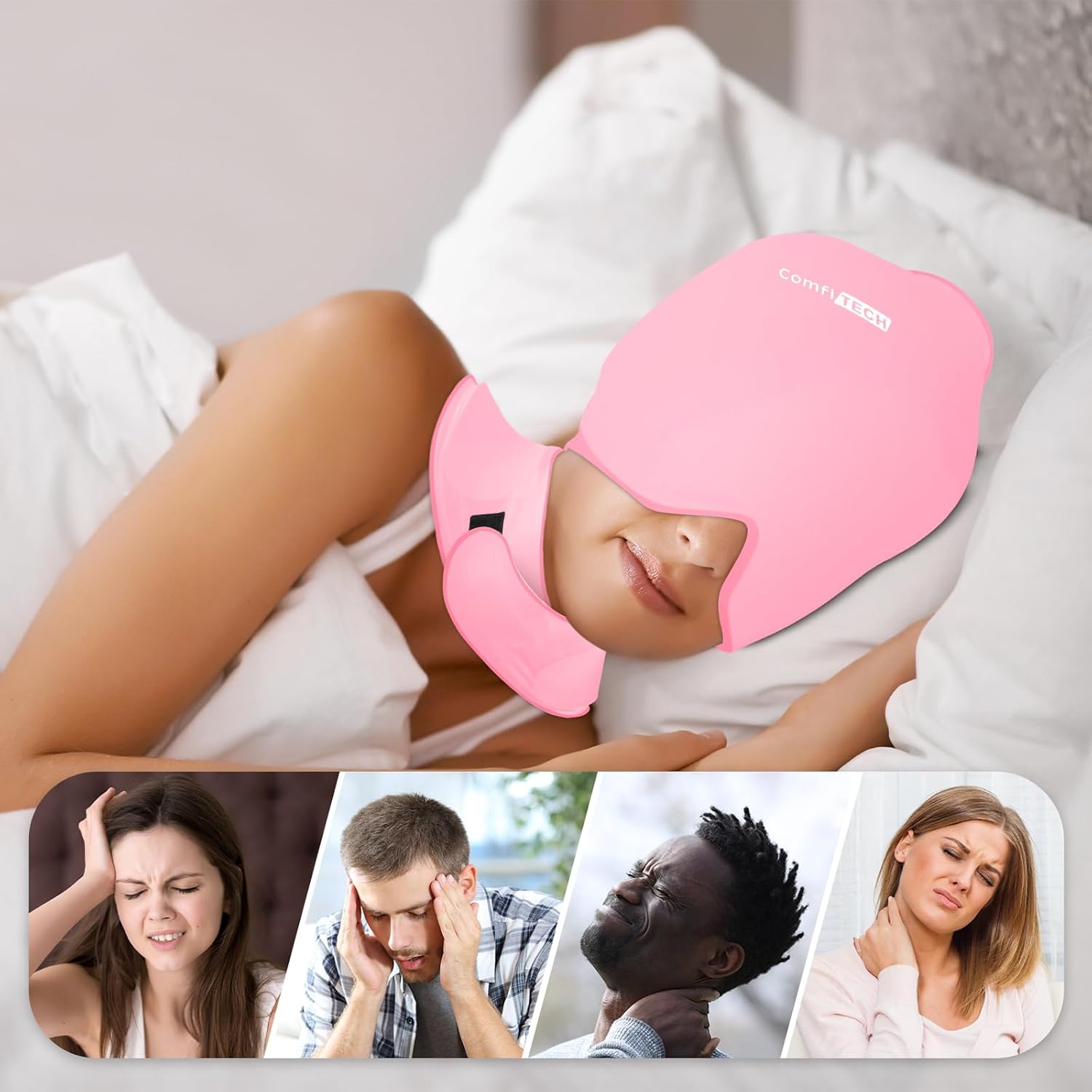 ComfiTECH Cold Cap and Neck Ice Pack Wrap Gel Combo, Care Package for Head and Cervical, Pink image 2