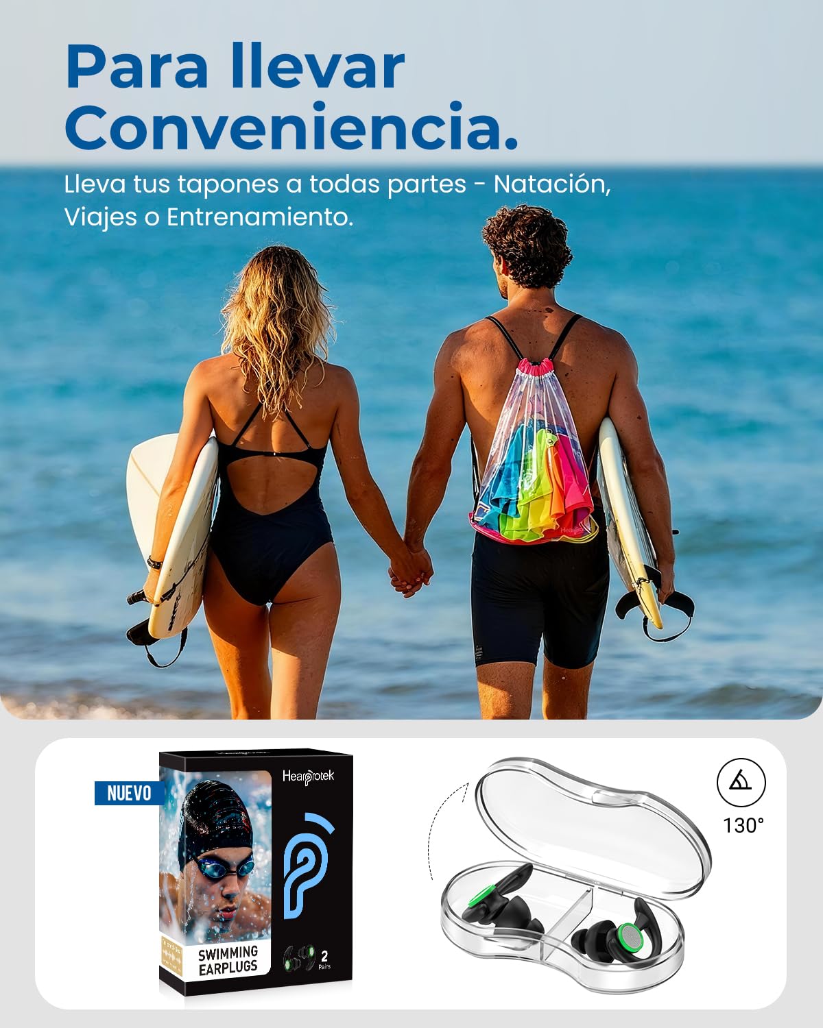 Hearprotek Tapones para los oídos para nadar, 2 pares, reutilizables, a medida, adultos, Negro