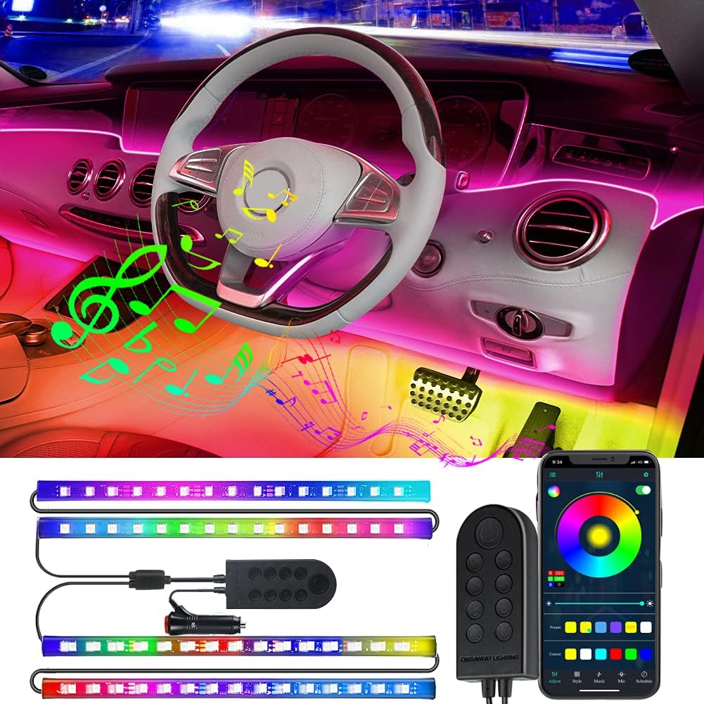 Bluetooth Interior Car Lights, 4pcs 60 LED Multicolor Music Car Strip Light Decorative Atmosphere Glow Neon Lighting Kit with Wired Button Control DC 12V