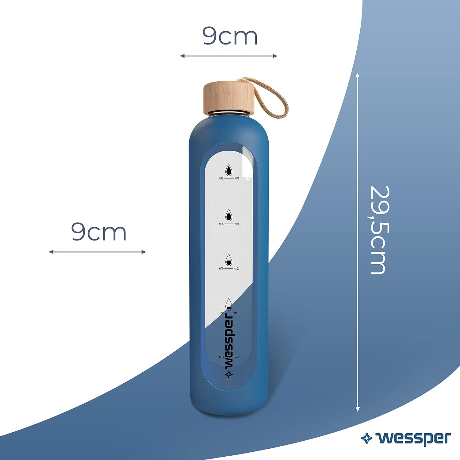 Motivation Glass Water Bottle 1L Hourly Time BPA Free 1000ml Airtight Glass Bottle with Reusable Bamboo Lid with Silicone Cover - Blue