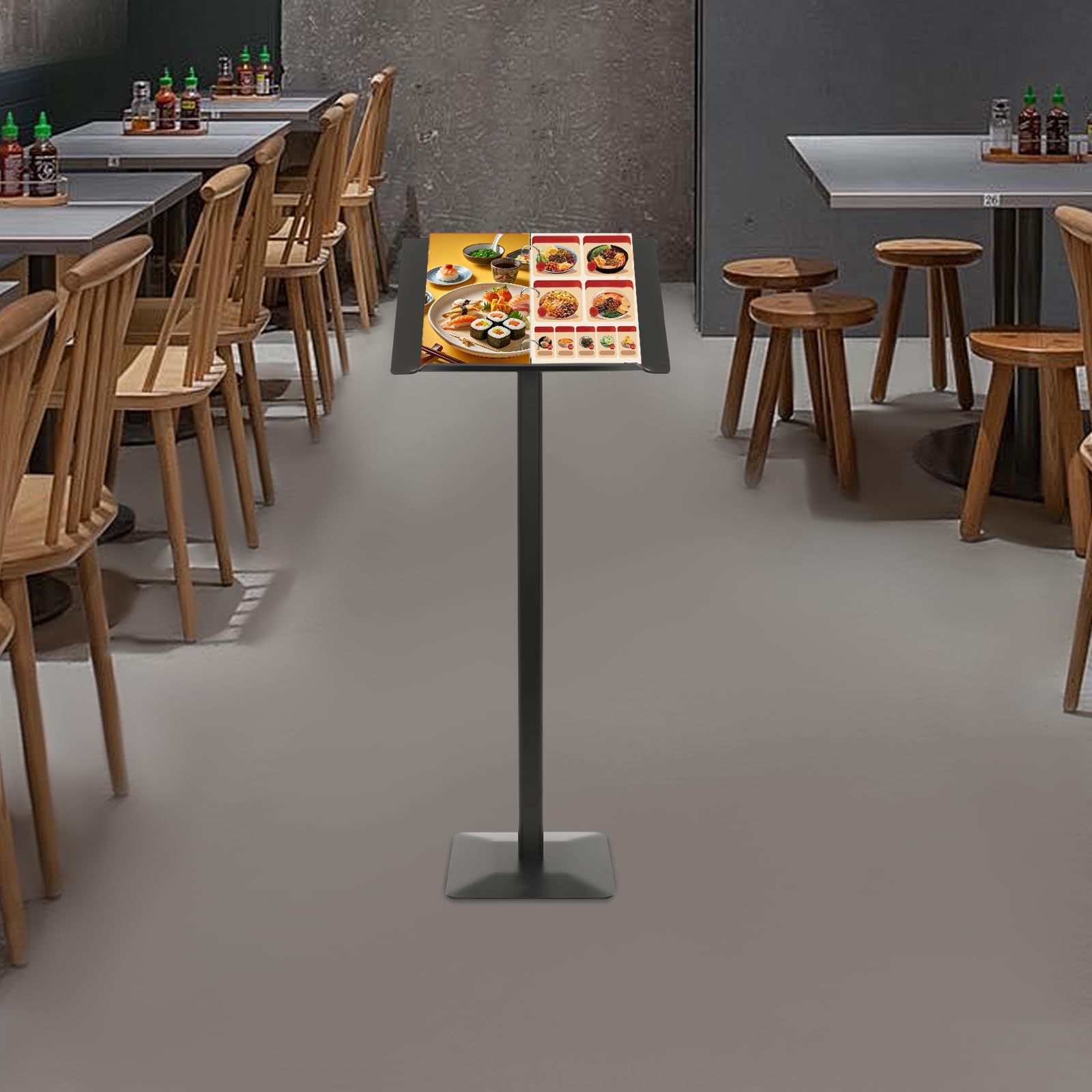 Soporte de información con base firme antideslizante que evita el deslizamiento, soporte de metal ajustable, adecuado para menús, carteles y anuncios. Dimensiones: 49 x 35 cm
