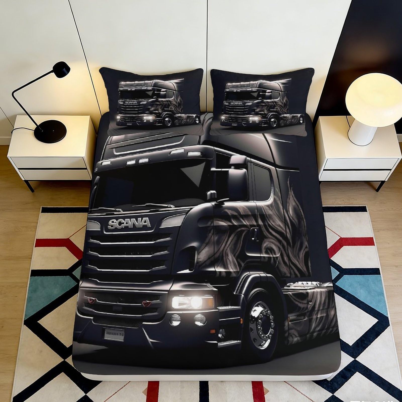 3D Printed Black Truck Fitted Sheet Microfiber Soft Anti-Slip Bed Cover for Bedroom Dorm Guestroom Modern Decor 90x200x25cm